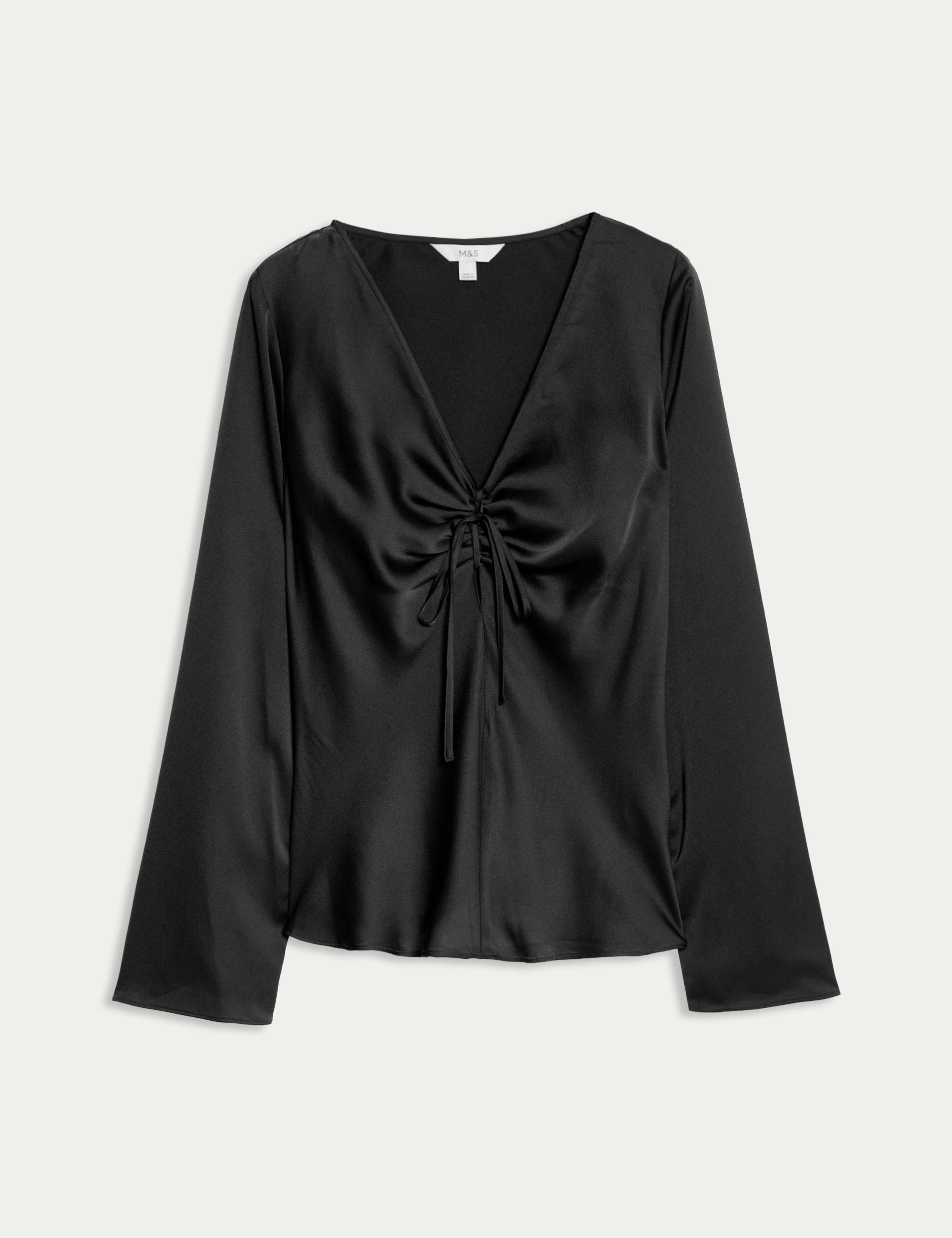 Satin Tie Front Long Sleeve V-Neck Top 2 of 6