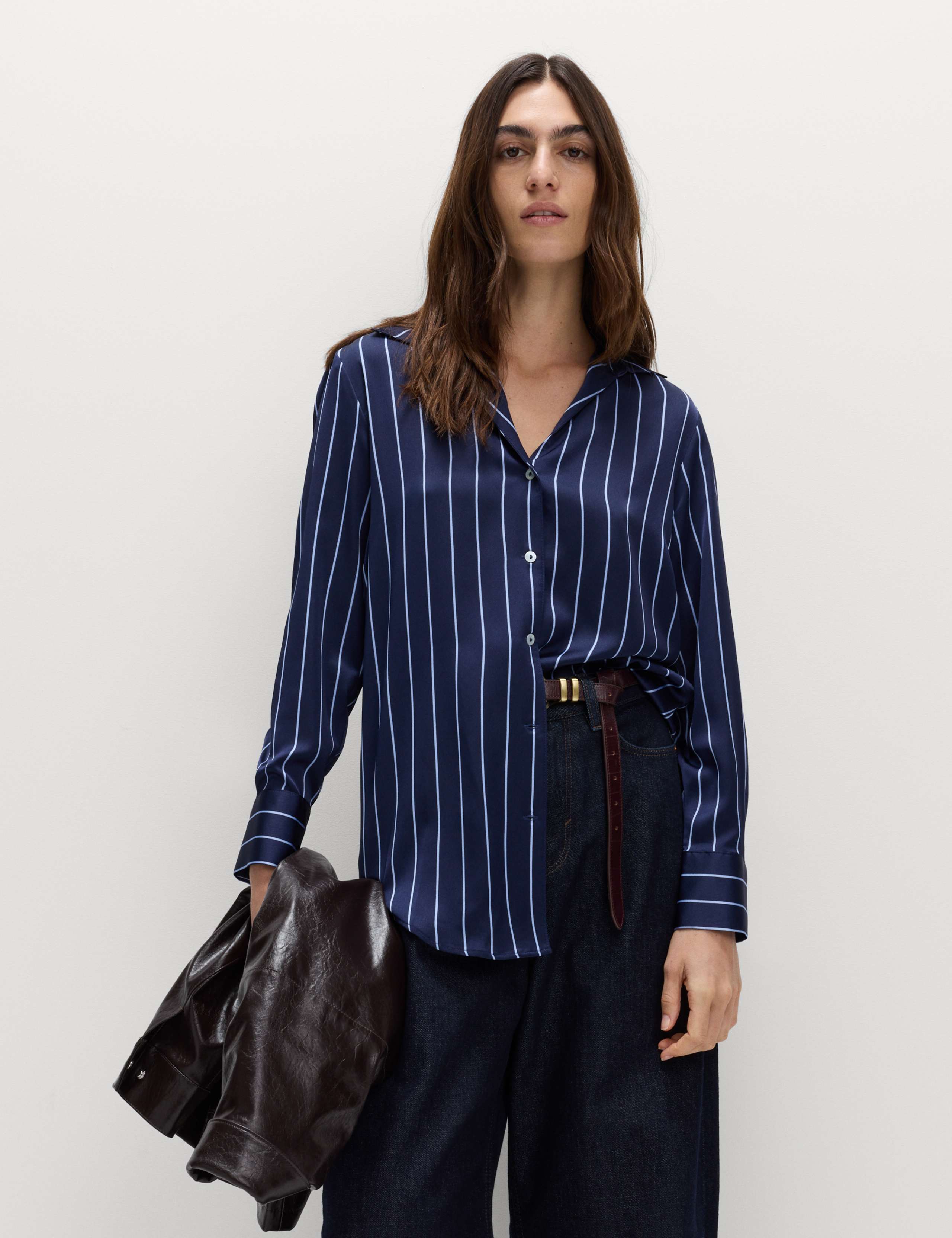 Satin Striped Collared V-Neck Shirt 3 of 7