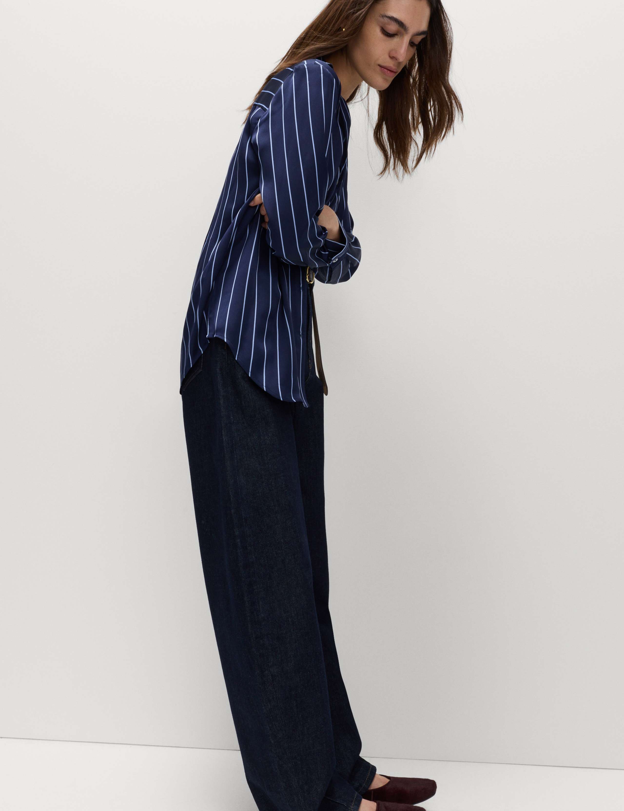 Satin Striped Collared V-Neck Shirt 4 of 7