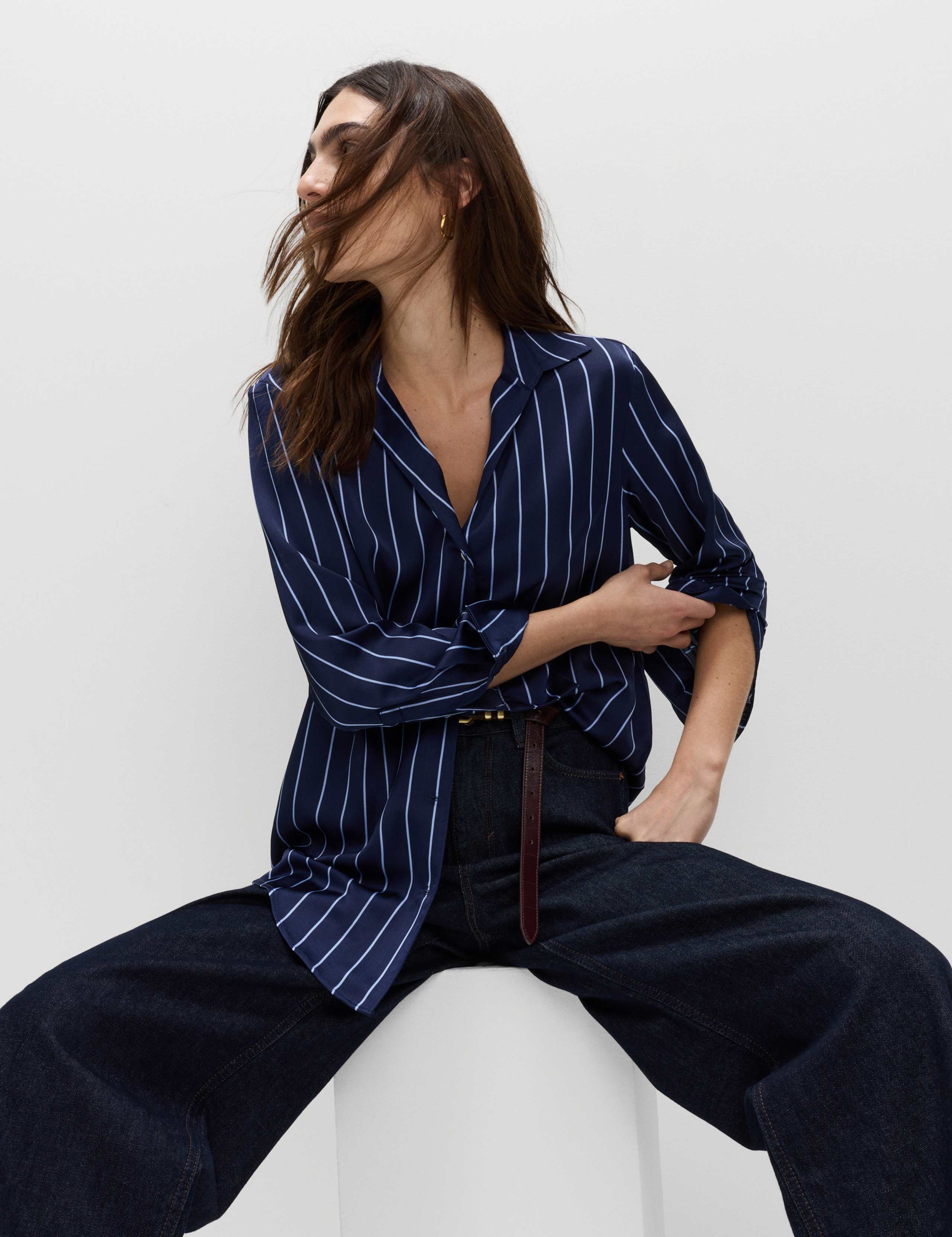 Satin Striped Collared V-Neck Shirt 6 of 7