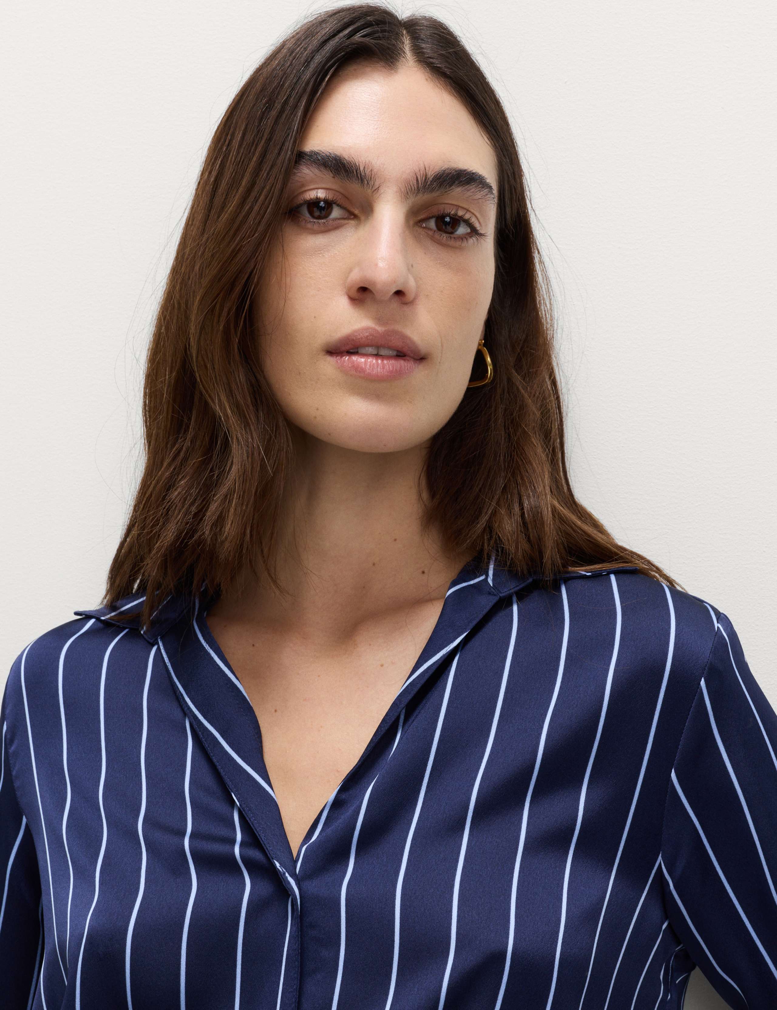 Satin Striped Collared V-Neck Shirt 7 of 7