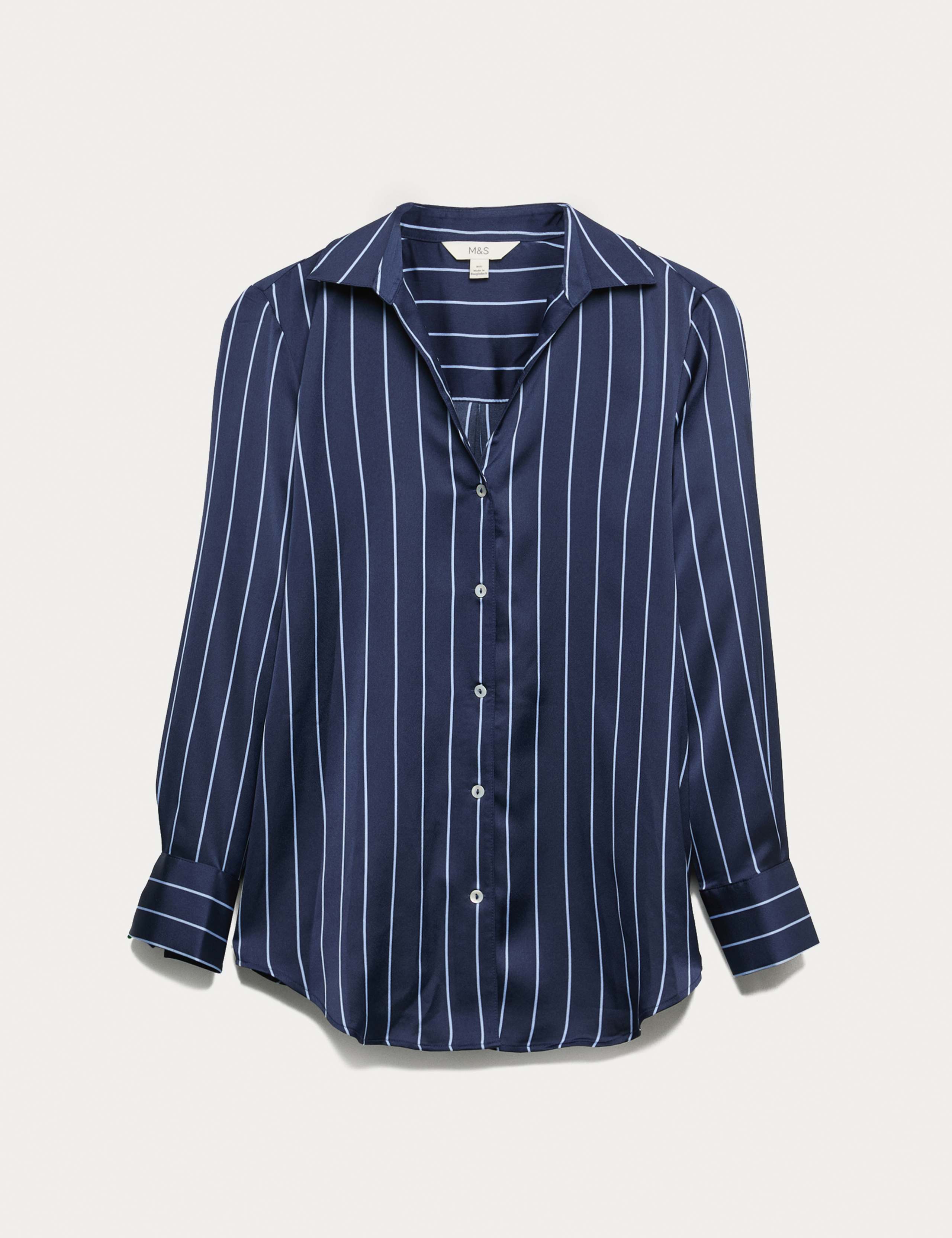 Satin Striped Collared V-Neck Shirt 2 of 7