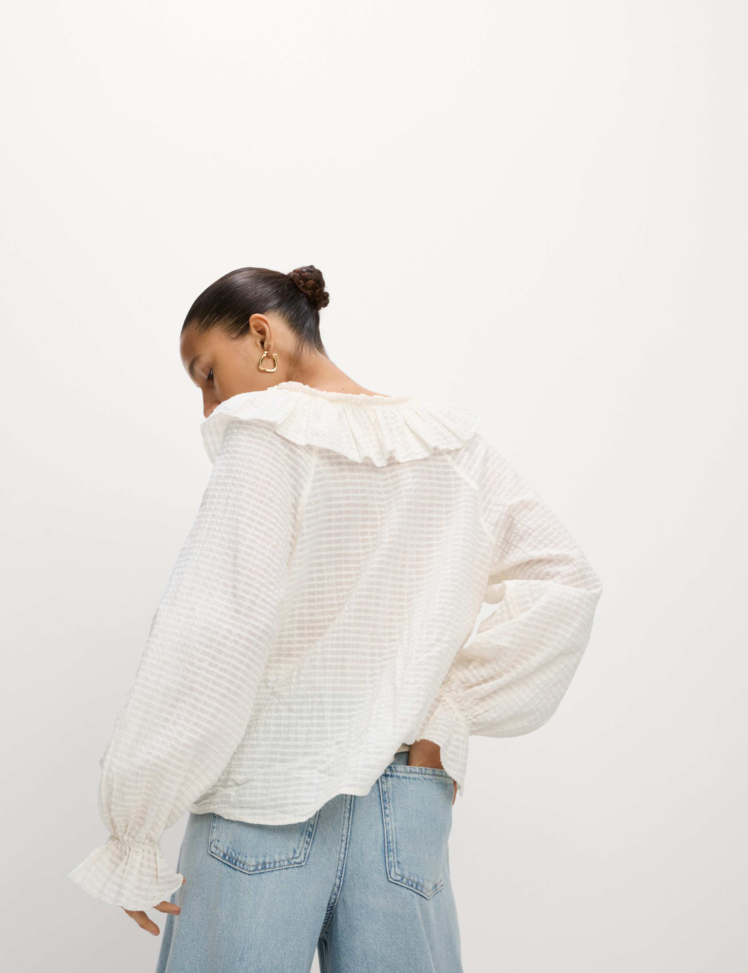 Pure Cotton Textured V-Neck Ruffle Blouse 3 of 4