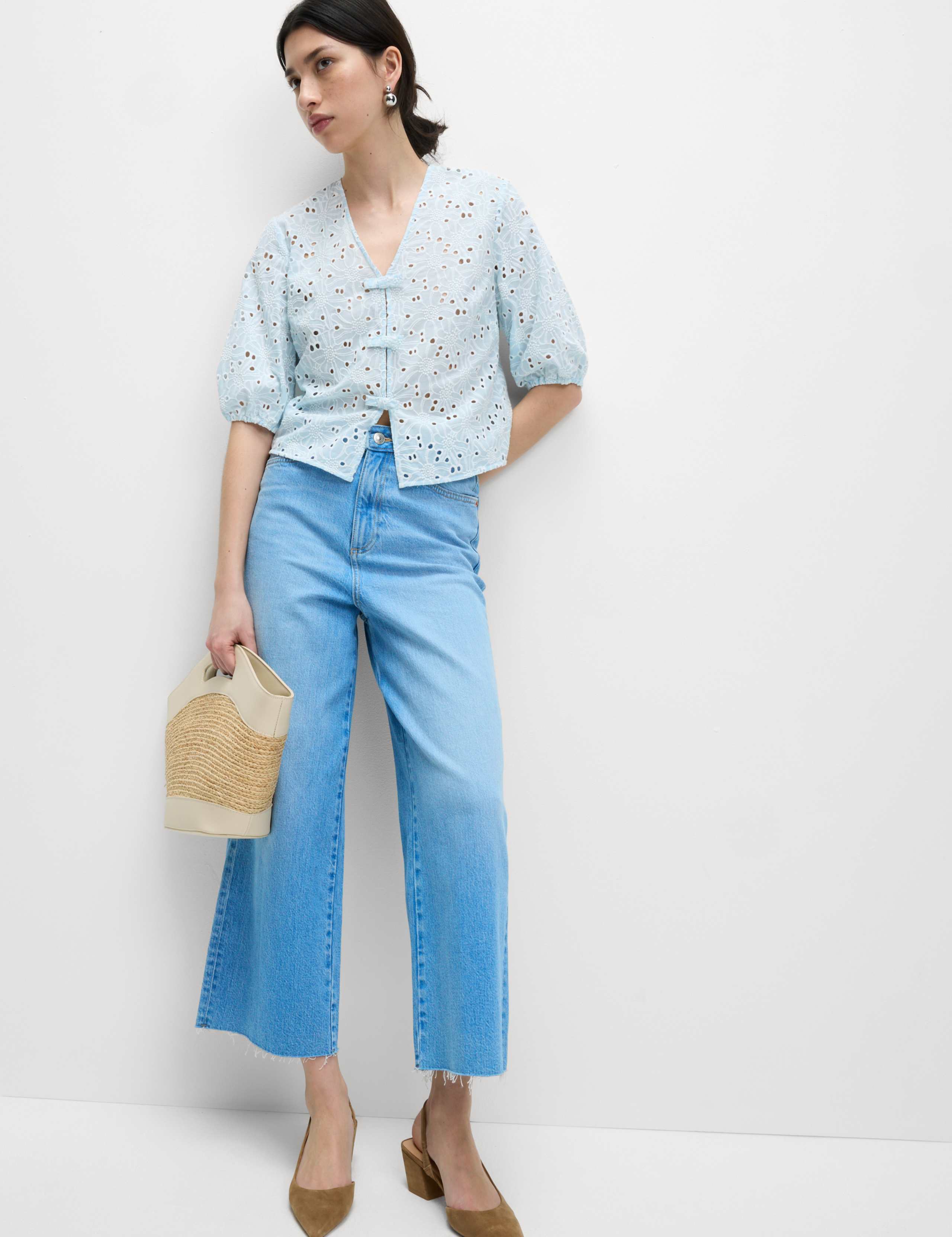 Pure Cotton Floral Cutwork Detail Bow Blouse 4 of 6