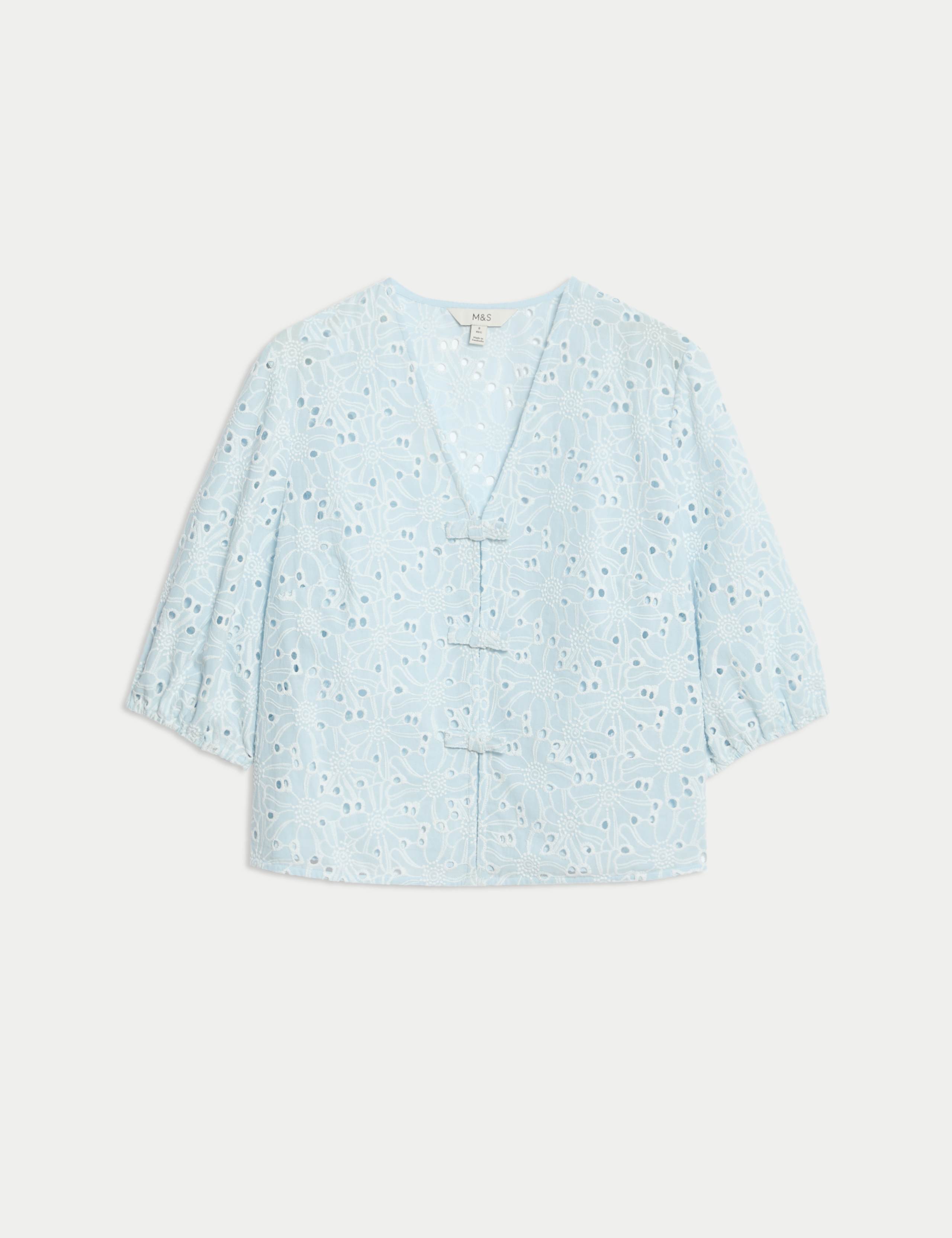 Pure Cotton Floral Cutwork Detail Bow Blouse 2 of 6