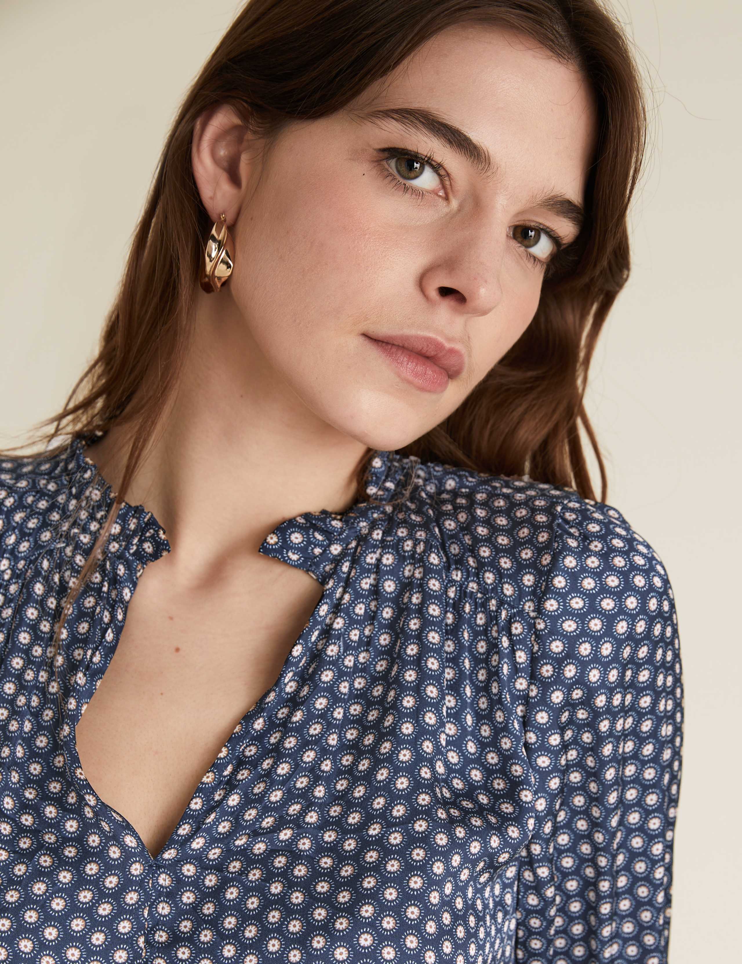 Geometric Frill Neck Popover Blouses 3 of 5