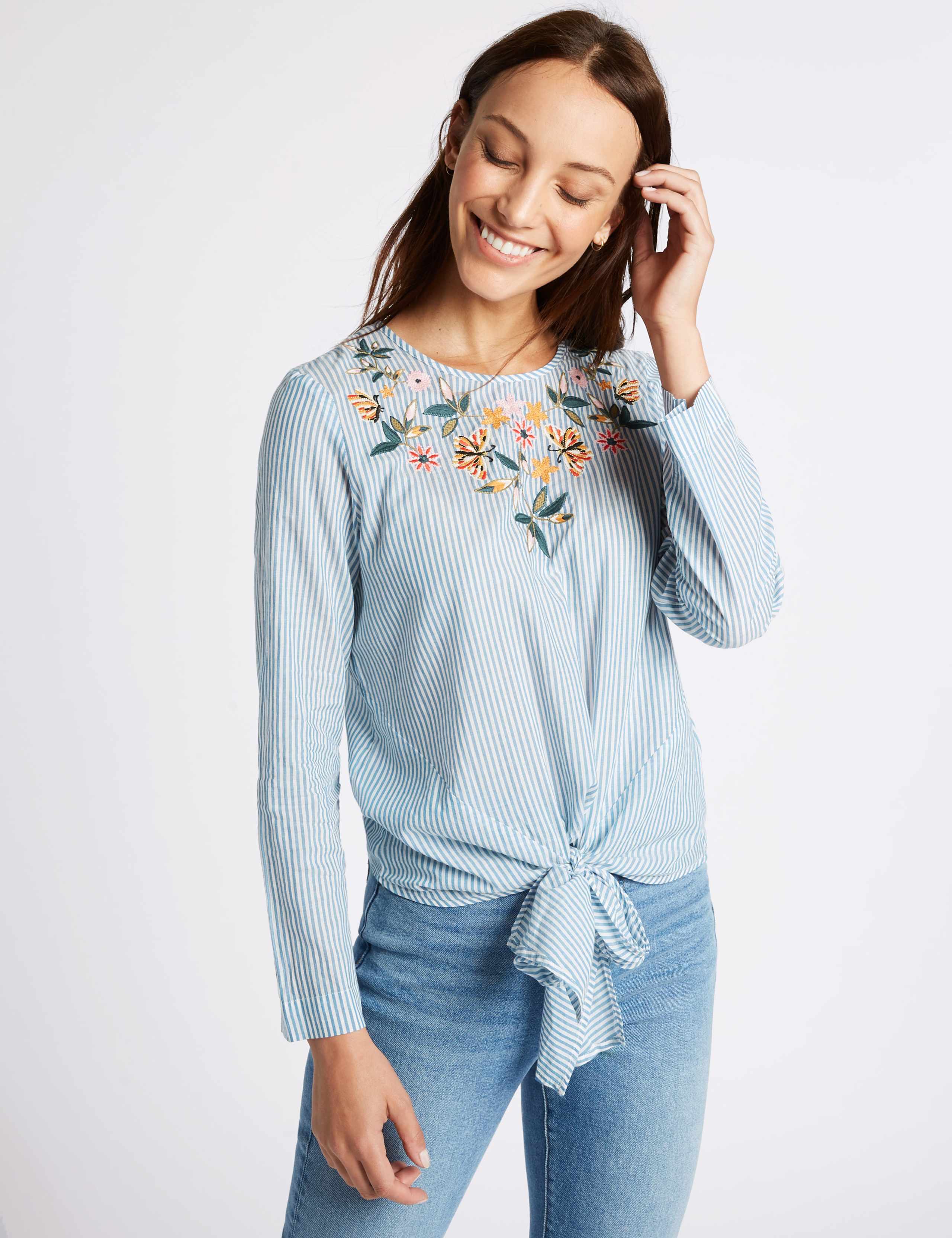 Striped Embroidered Tie Front Blouse 1 of 5