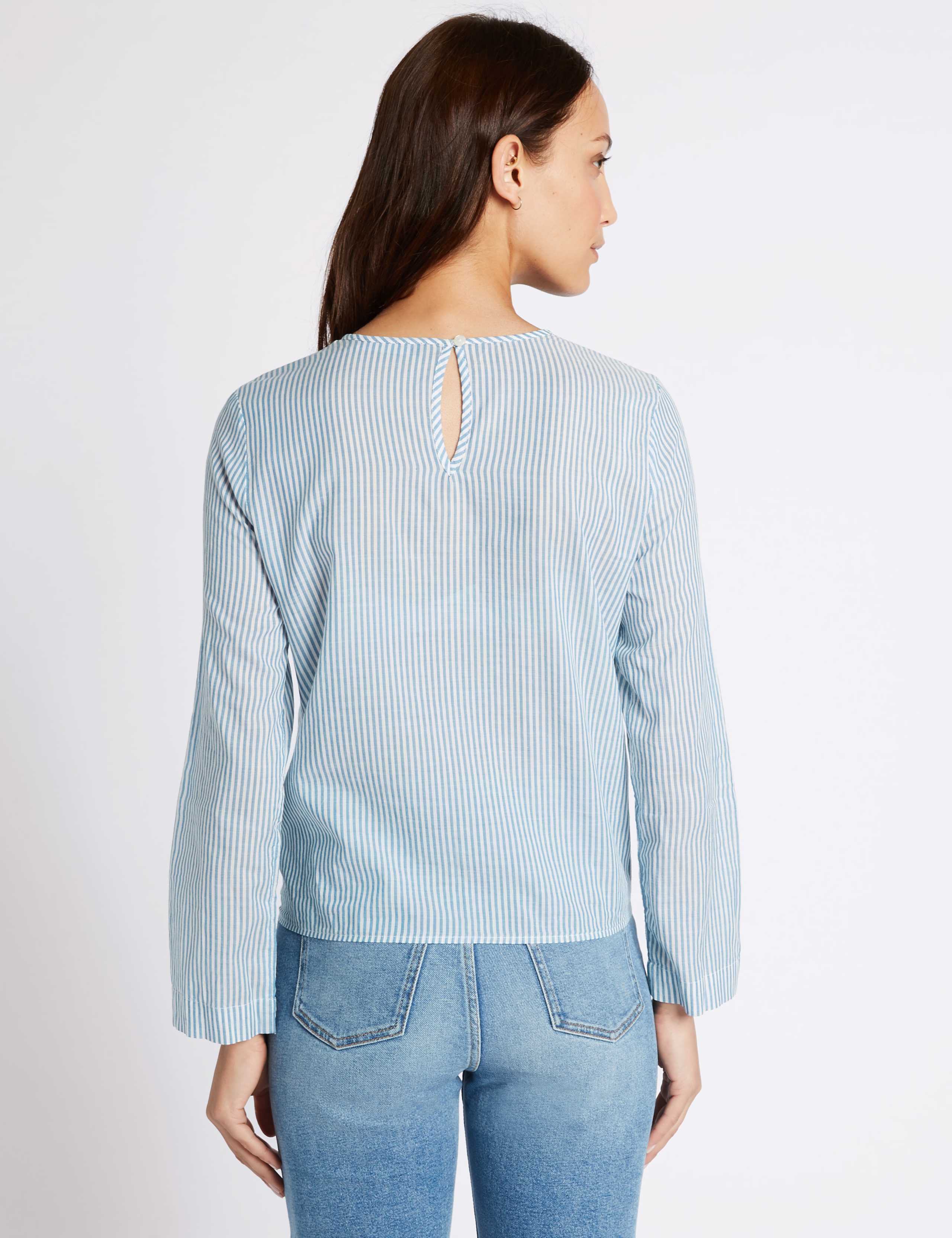 Striped Embroidered Tie Front Blouse 4 of 5