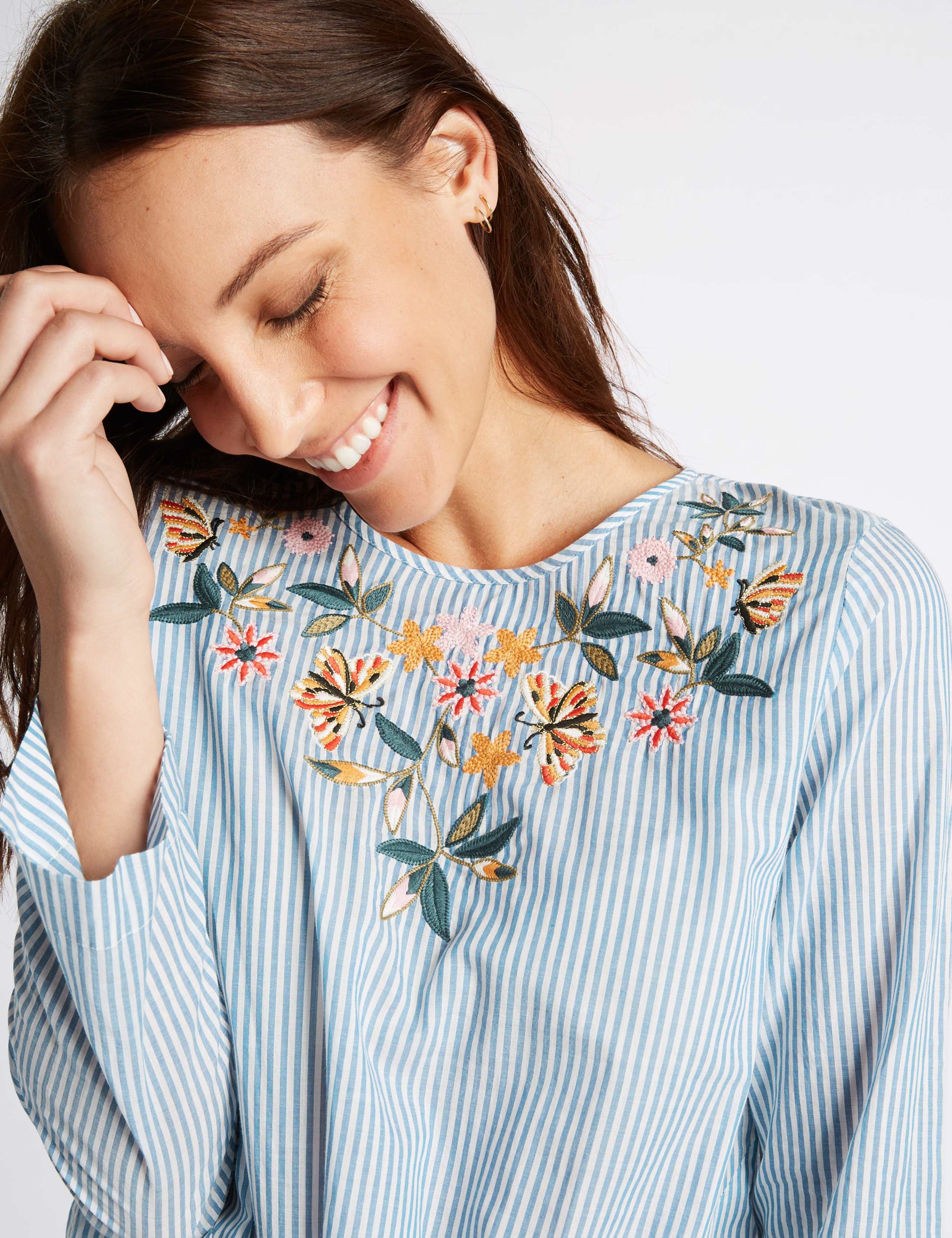 Striped Embroidered Tie Front Blouse 5 of 5