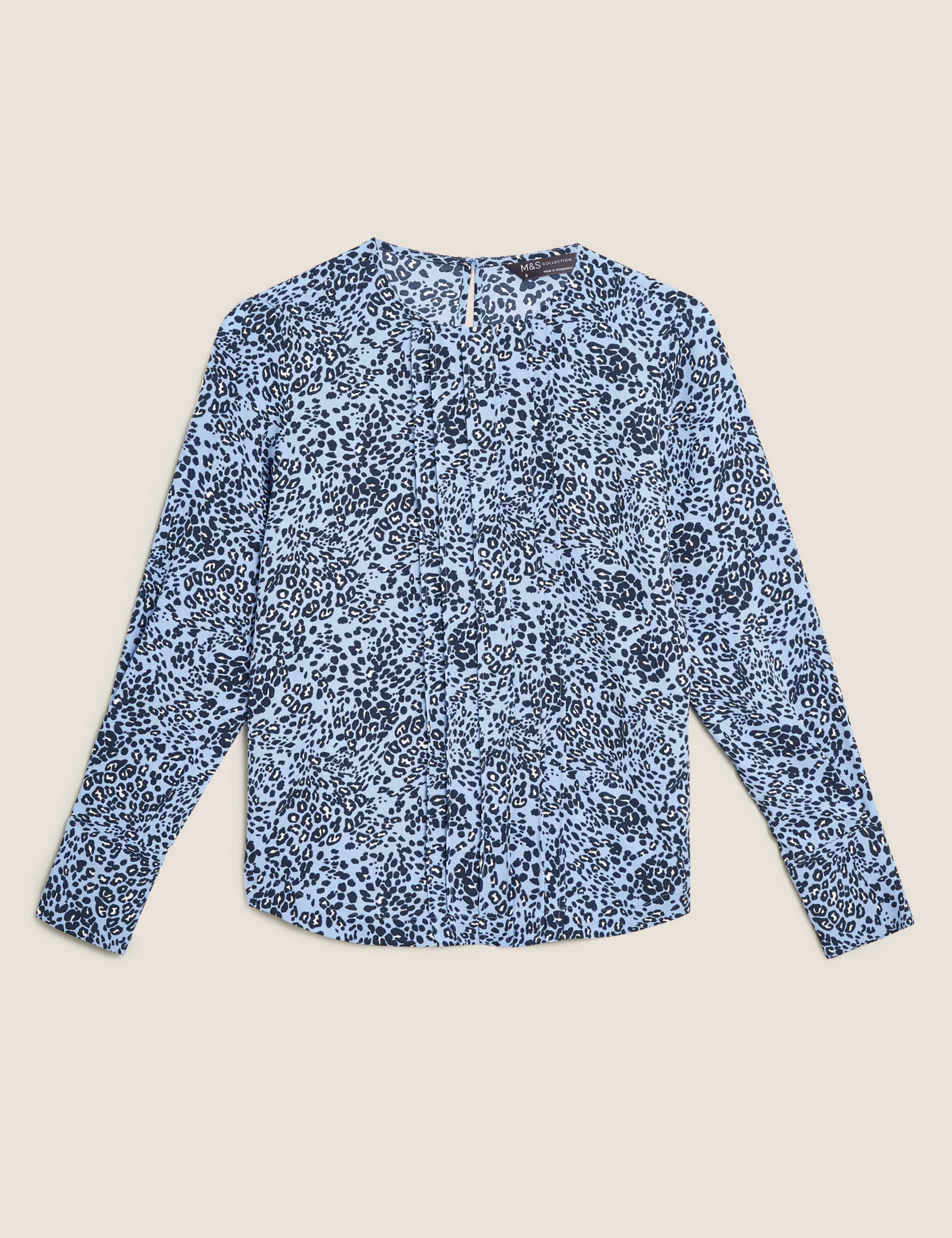 Animal Print Pintuck Long Sleeve Blouse 2 of 5