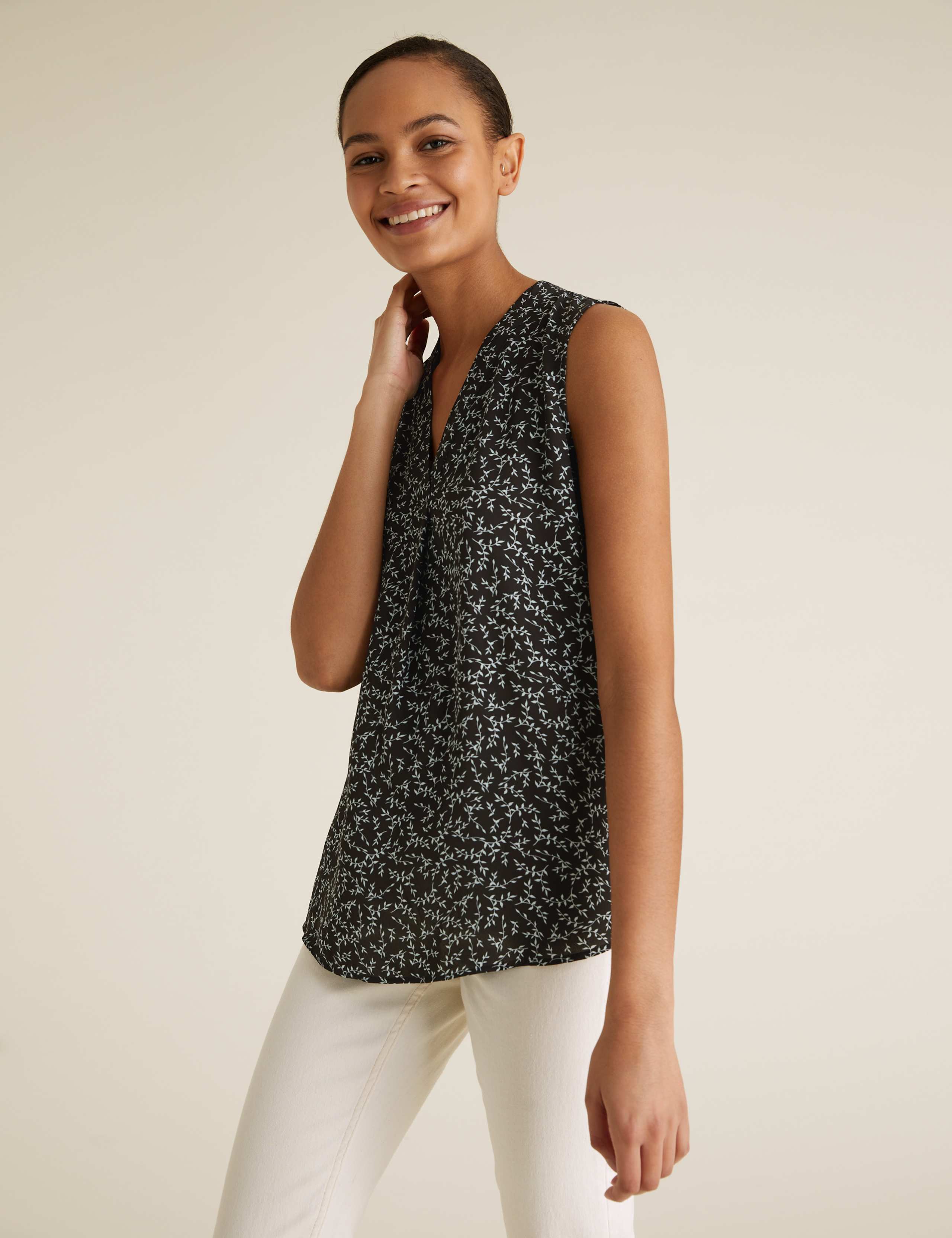 Leaf Print V-Neck Sleeveless Shell Top 1 of 5
