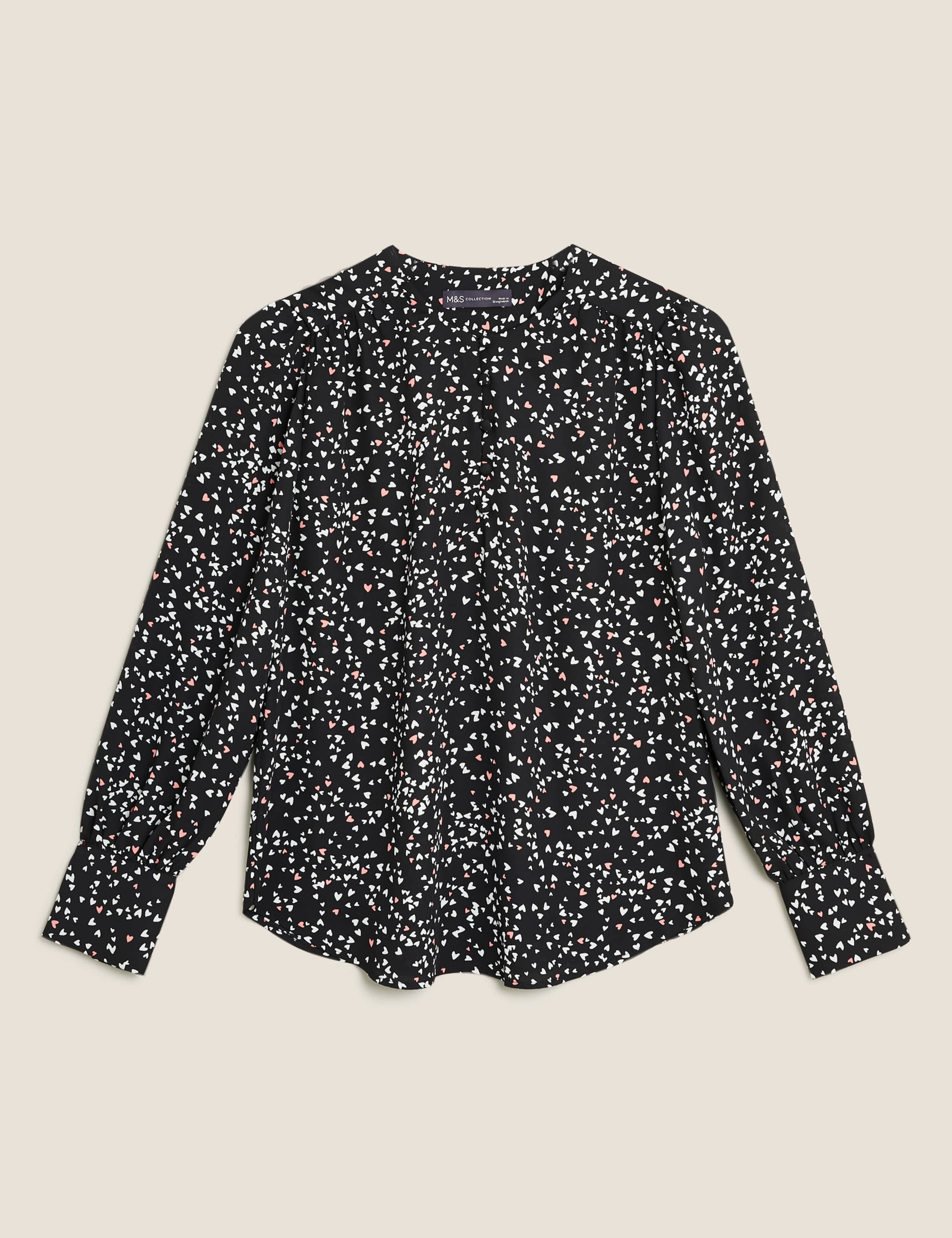 Heart Print Round Neck Long Sleeve Blouse 2 of 6