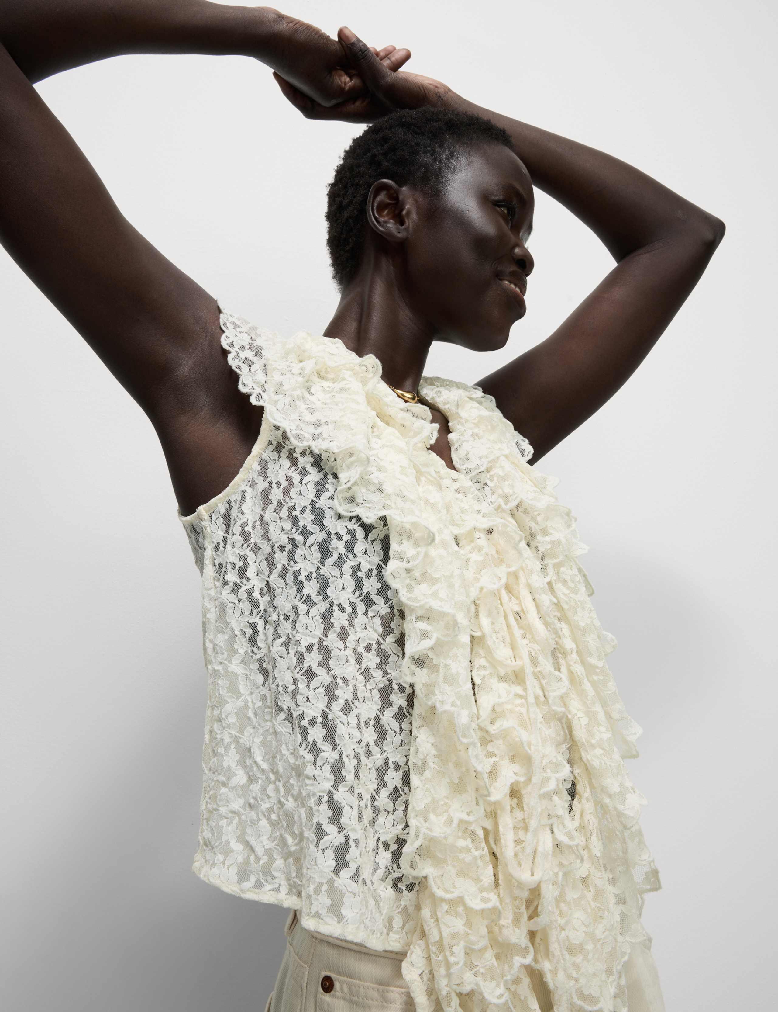 Lace V-Neck Tie Detail Ruffle Top 5 of 7
