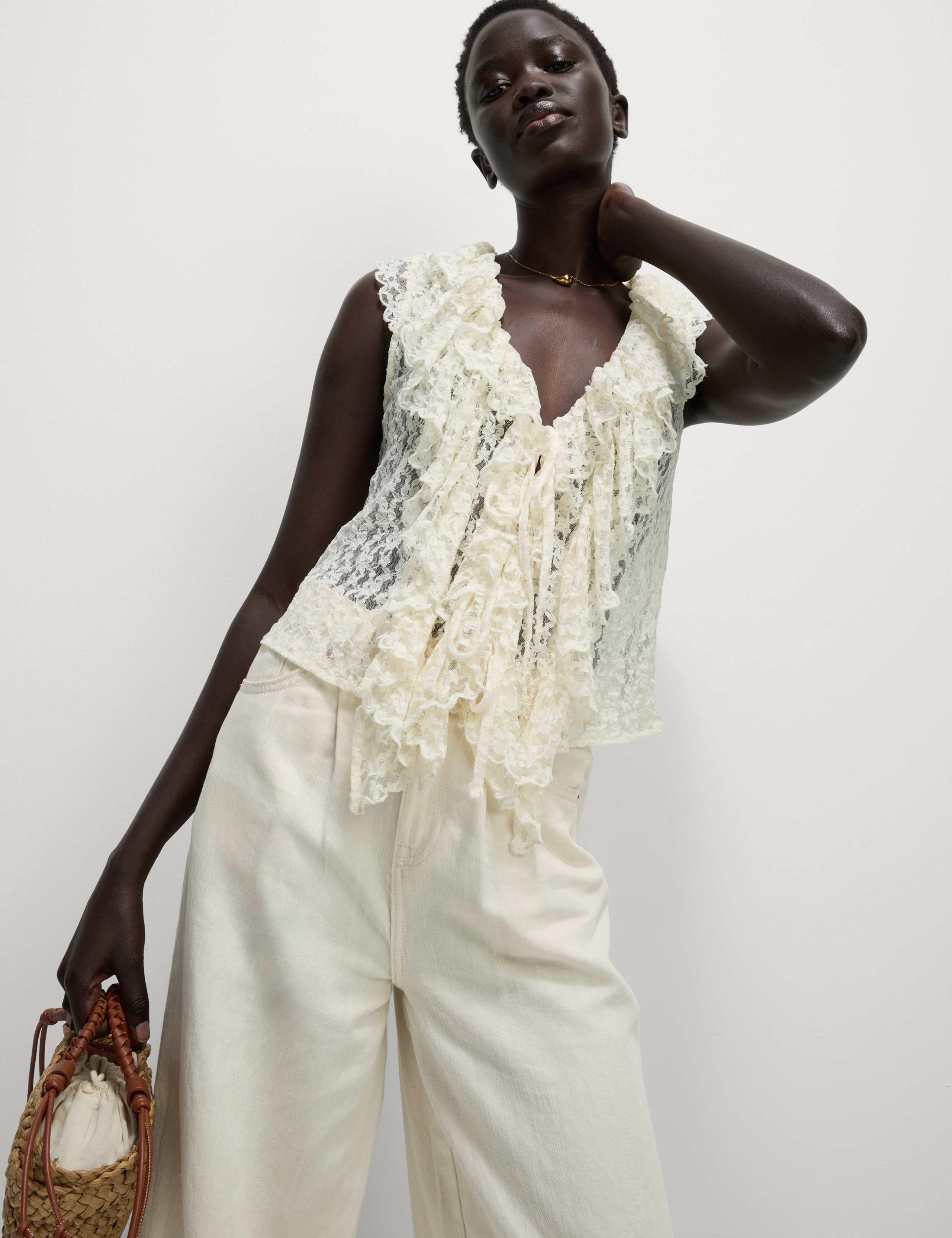 Lace V-Neck Tie Detail Ruffle Top 7 of 7