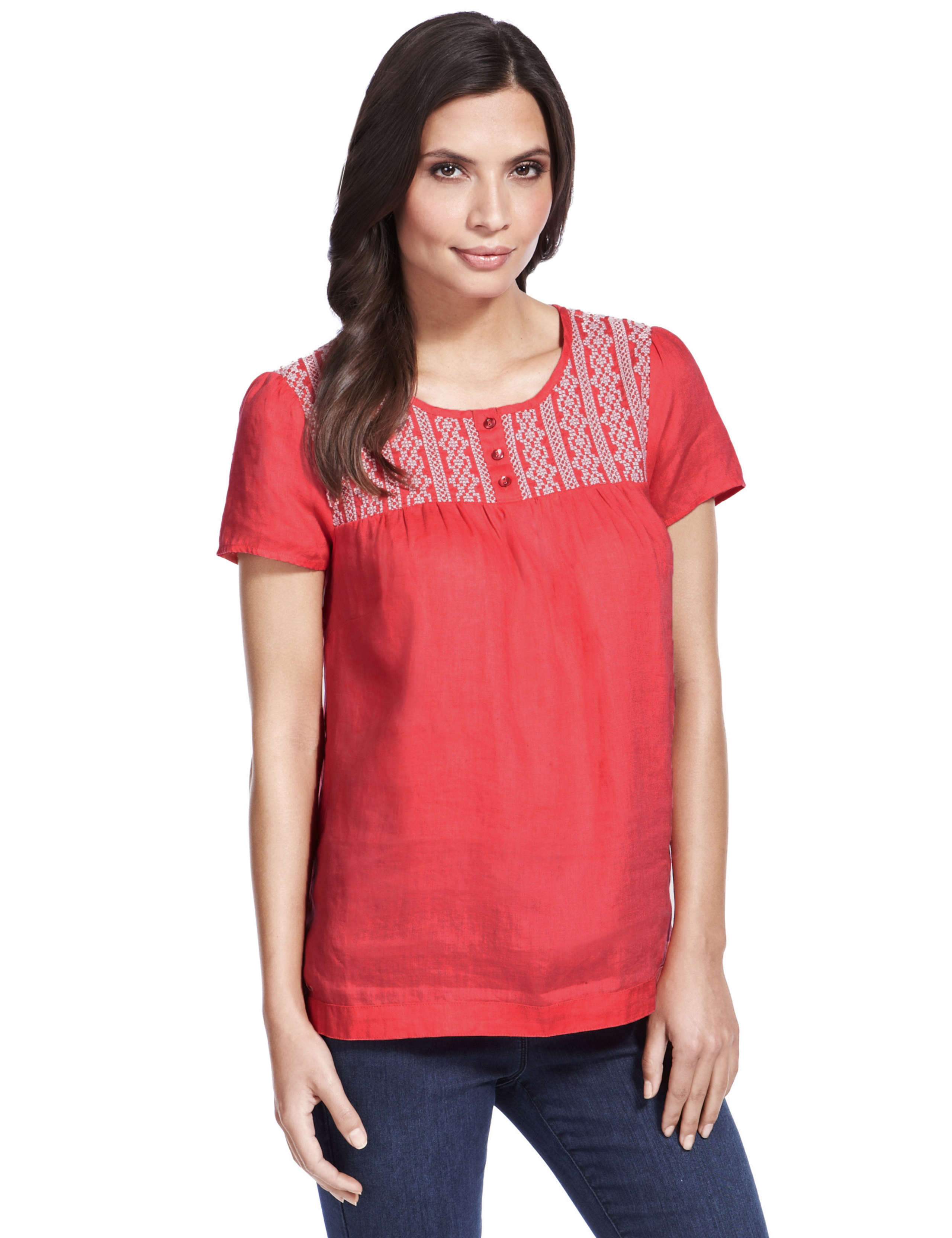 Pure Linen Embroidered Yoke Blouse 1 of 5