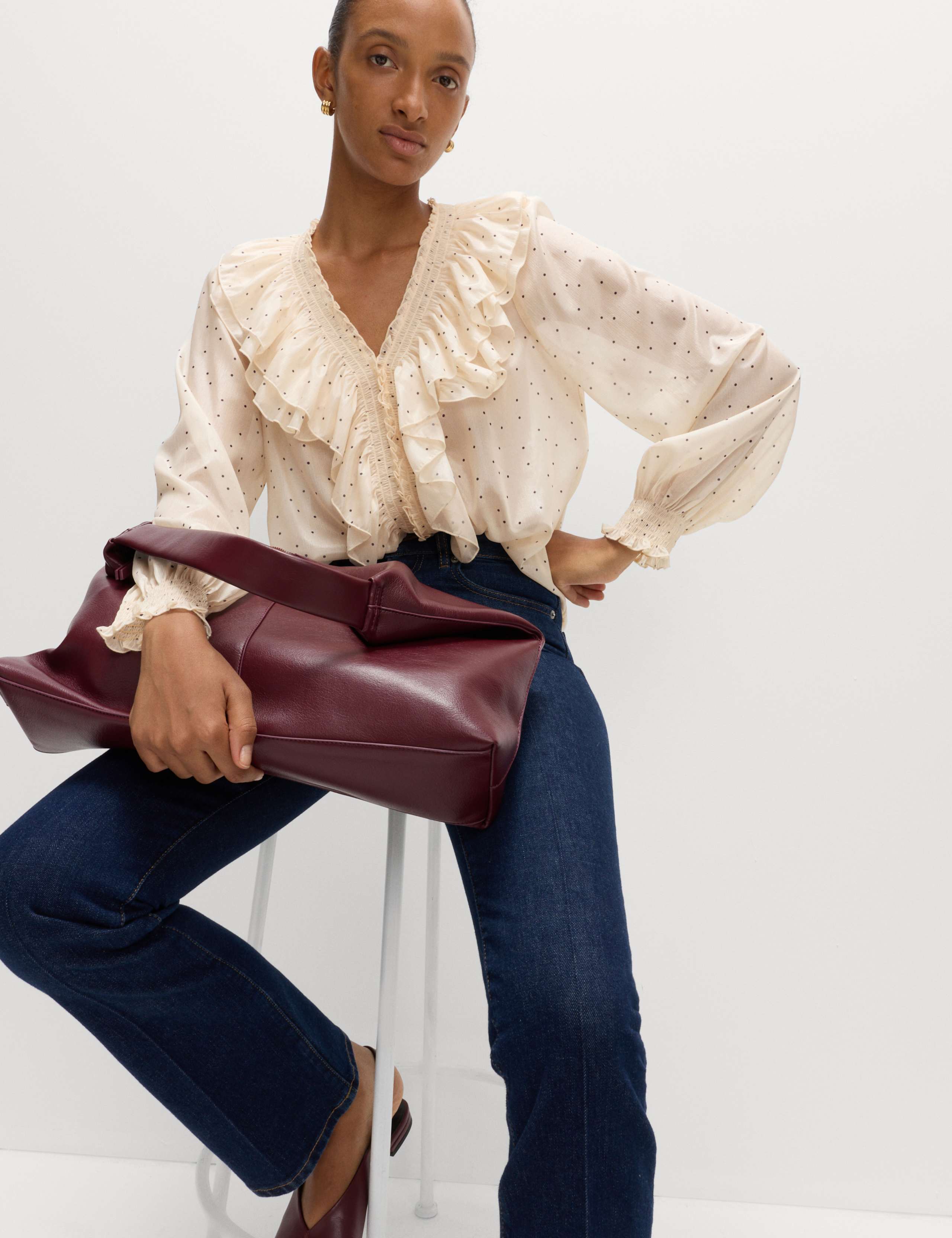 Polka Dot V-Neck Frill Detail Top 5 of 5