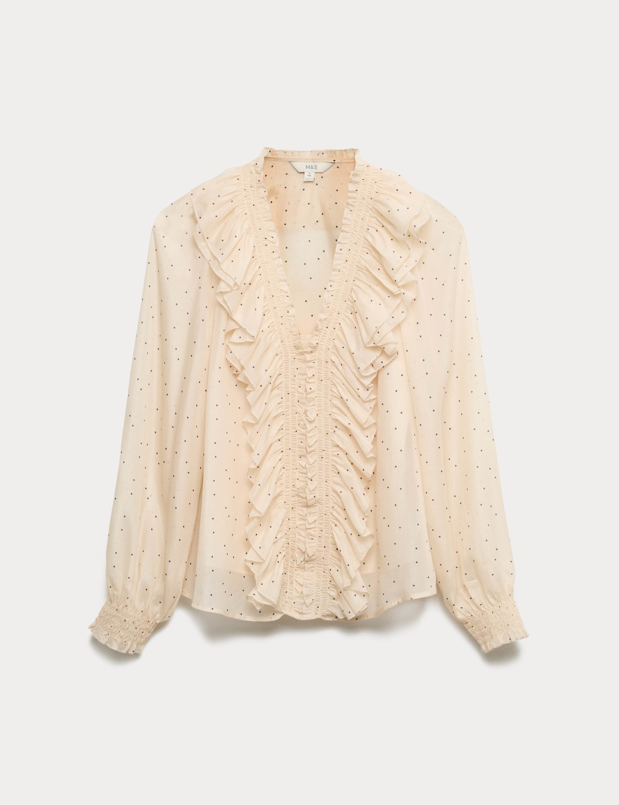 Polka Dot V-Neck Frill Detail Top 2 of 5