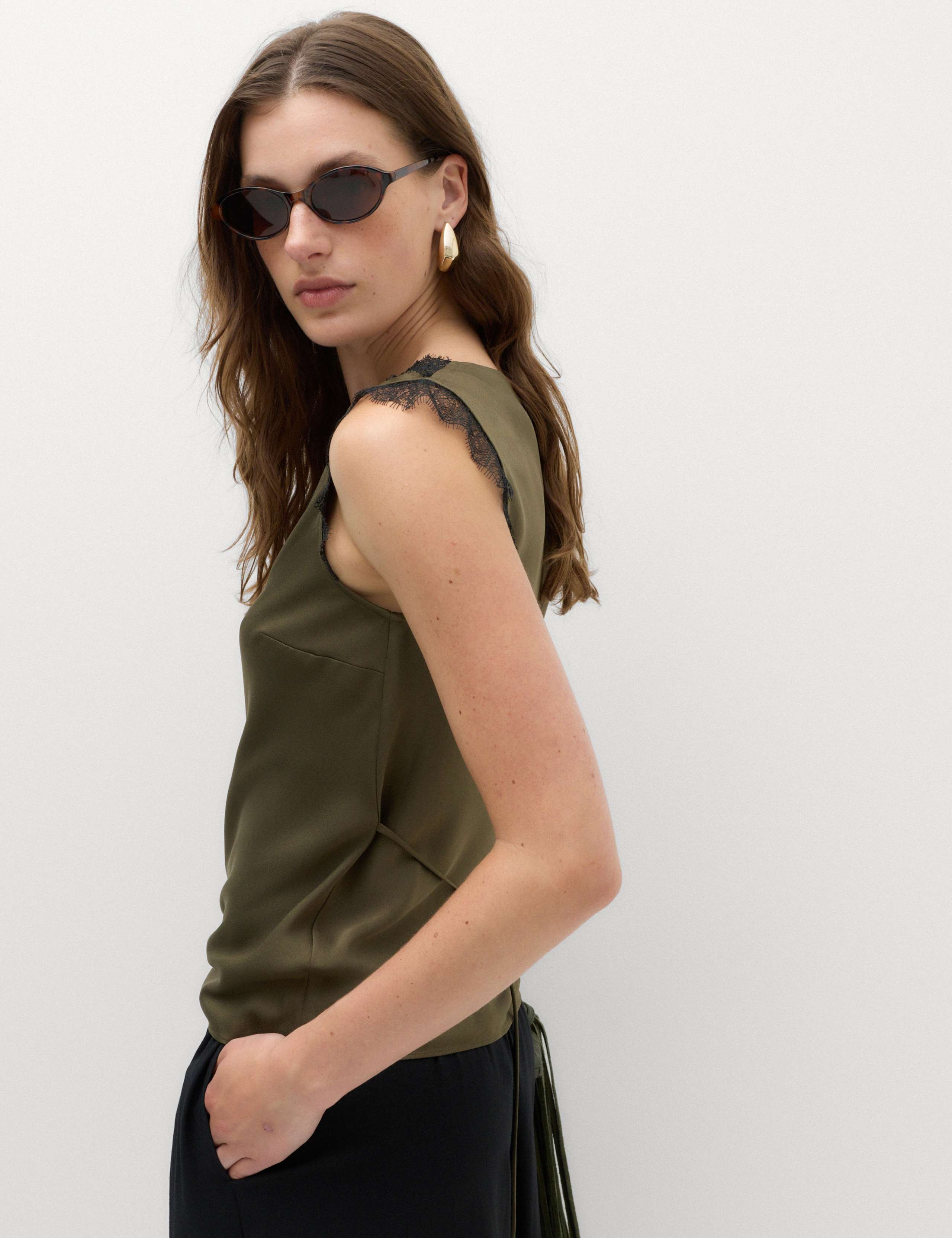 Satin V-Neck Lace Insert Cami Top 3 of 6