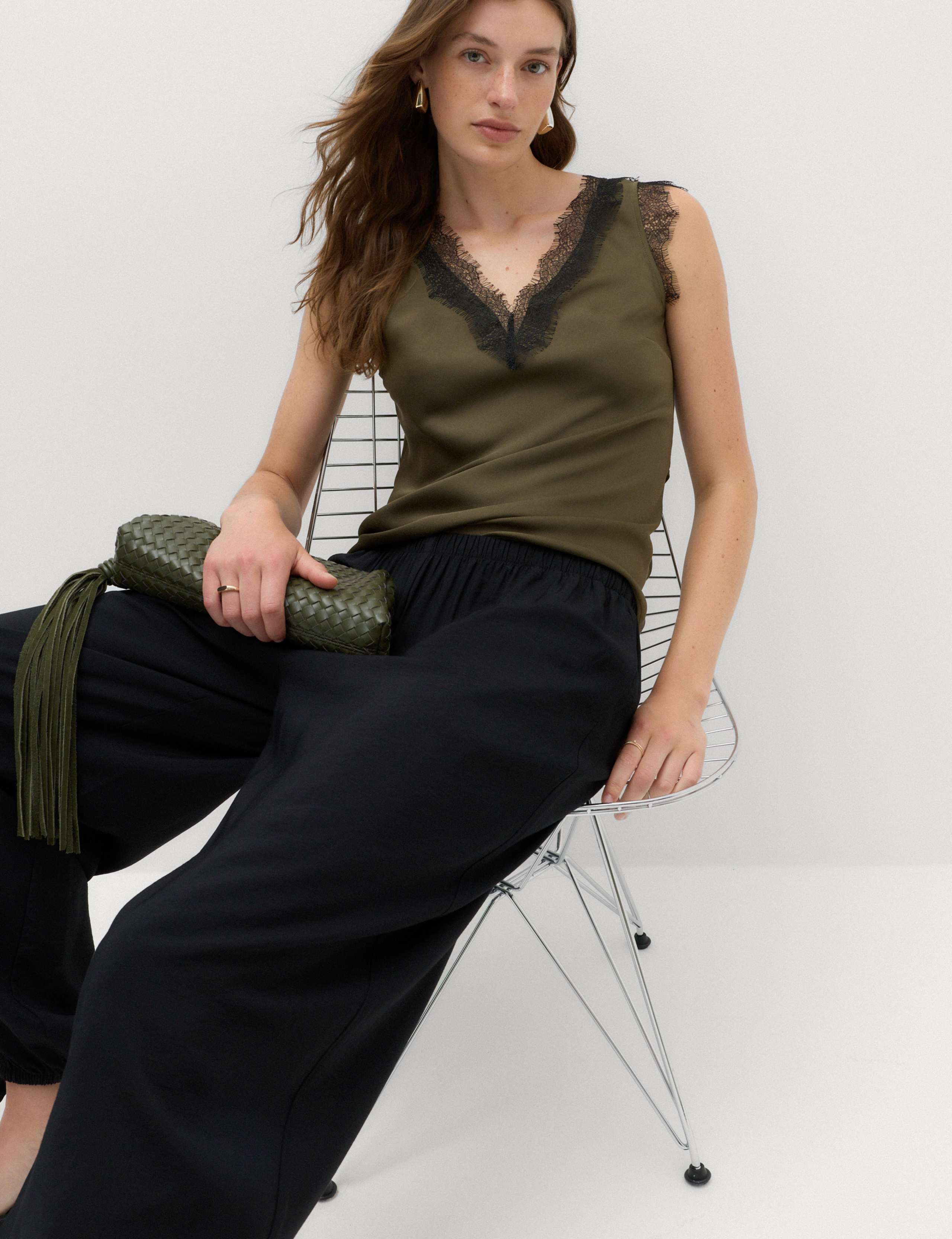 Satin V-Neck Lace Insert Cami Top 6 of 6