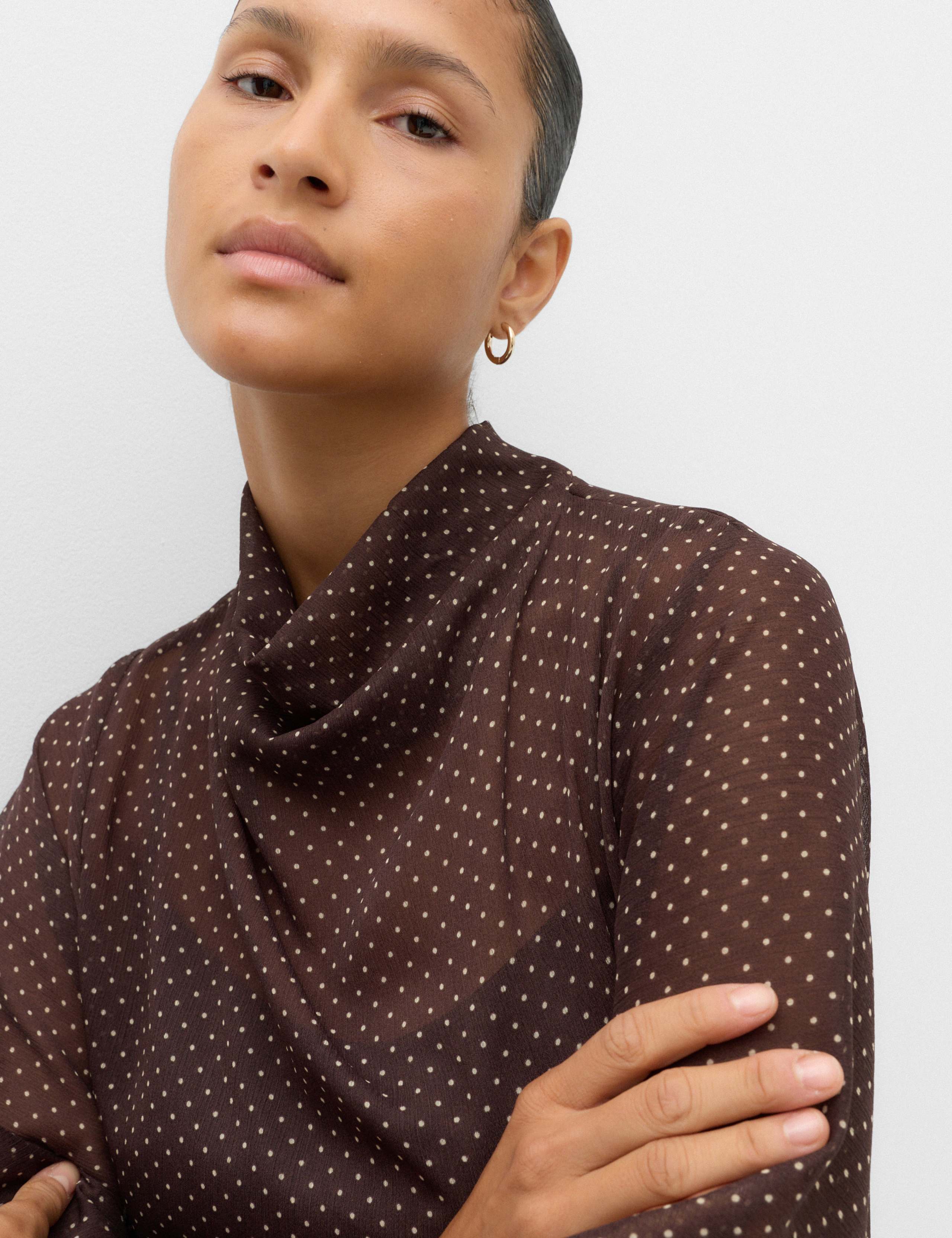 Polka Dot Cowl Neck Draped Cape Blouse 3 of 6
