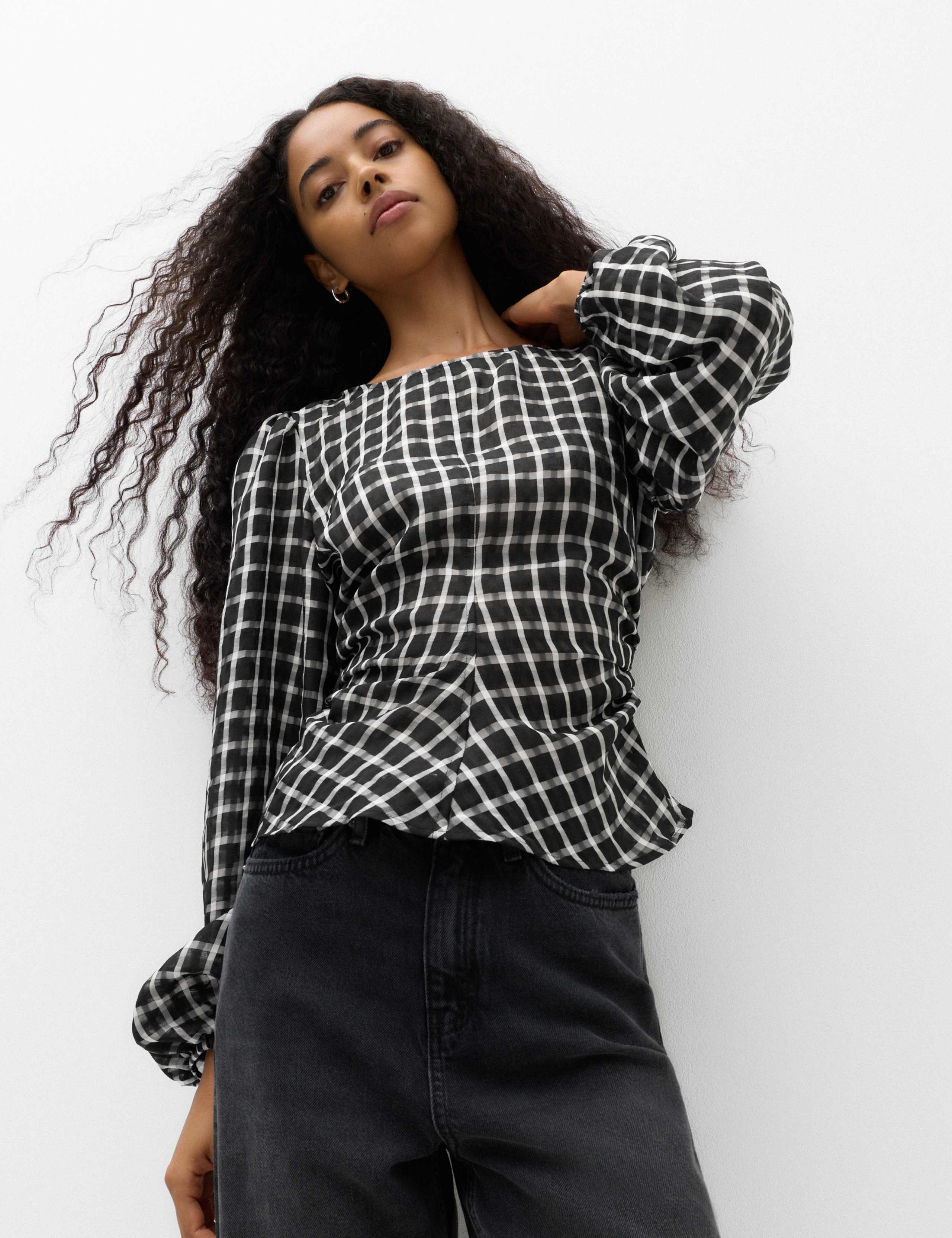 Checked Gathered Waisted Blouson Sleeve Blouse 1 of 6