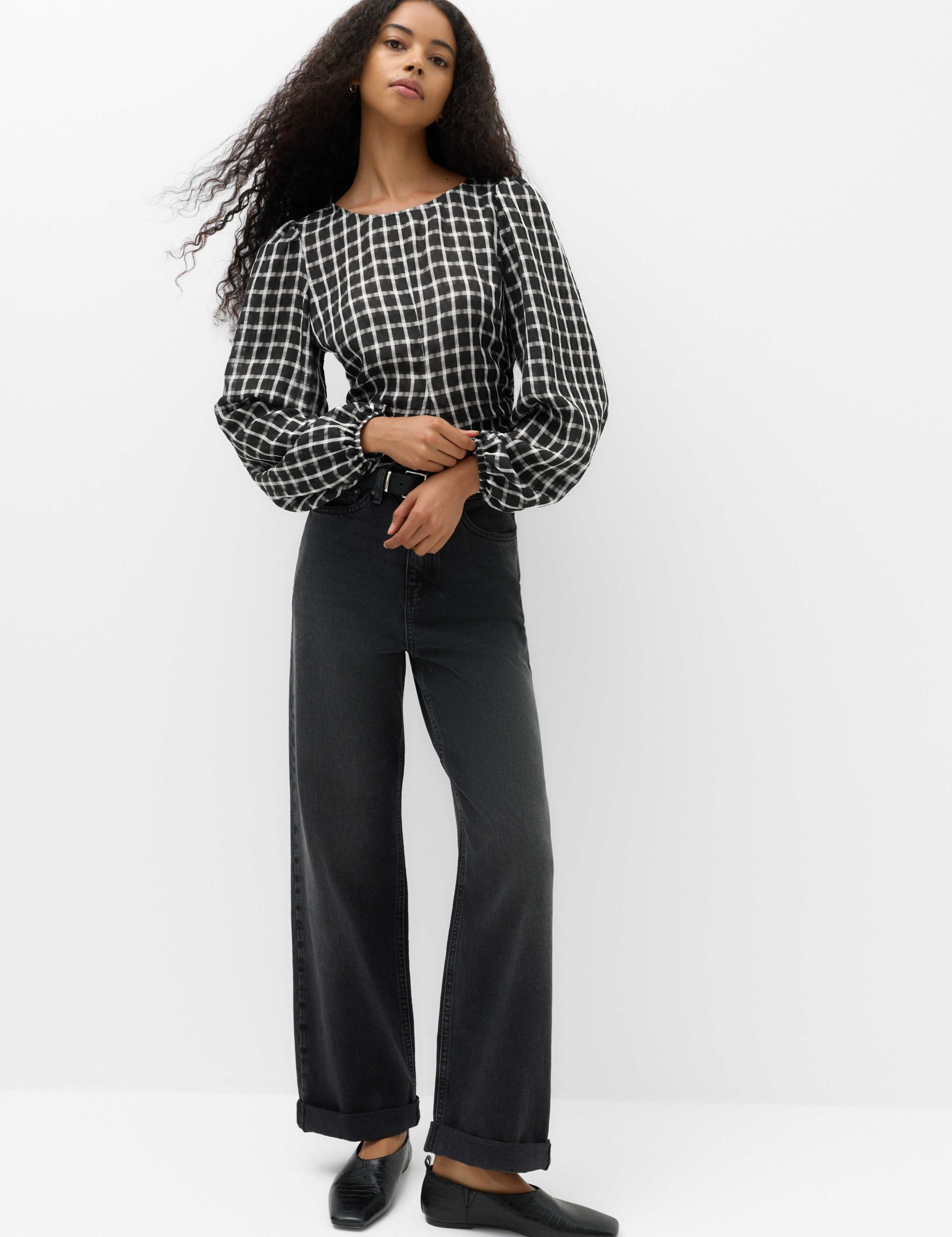 Checked Gathered Waisted Blouson Sleeve Blouse 3 of 6