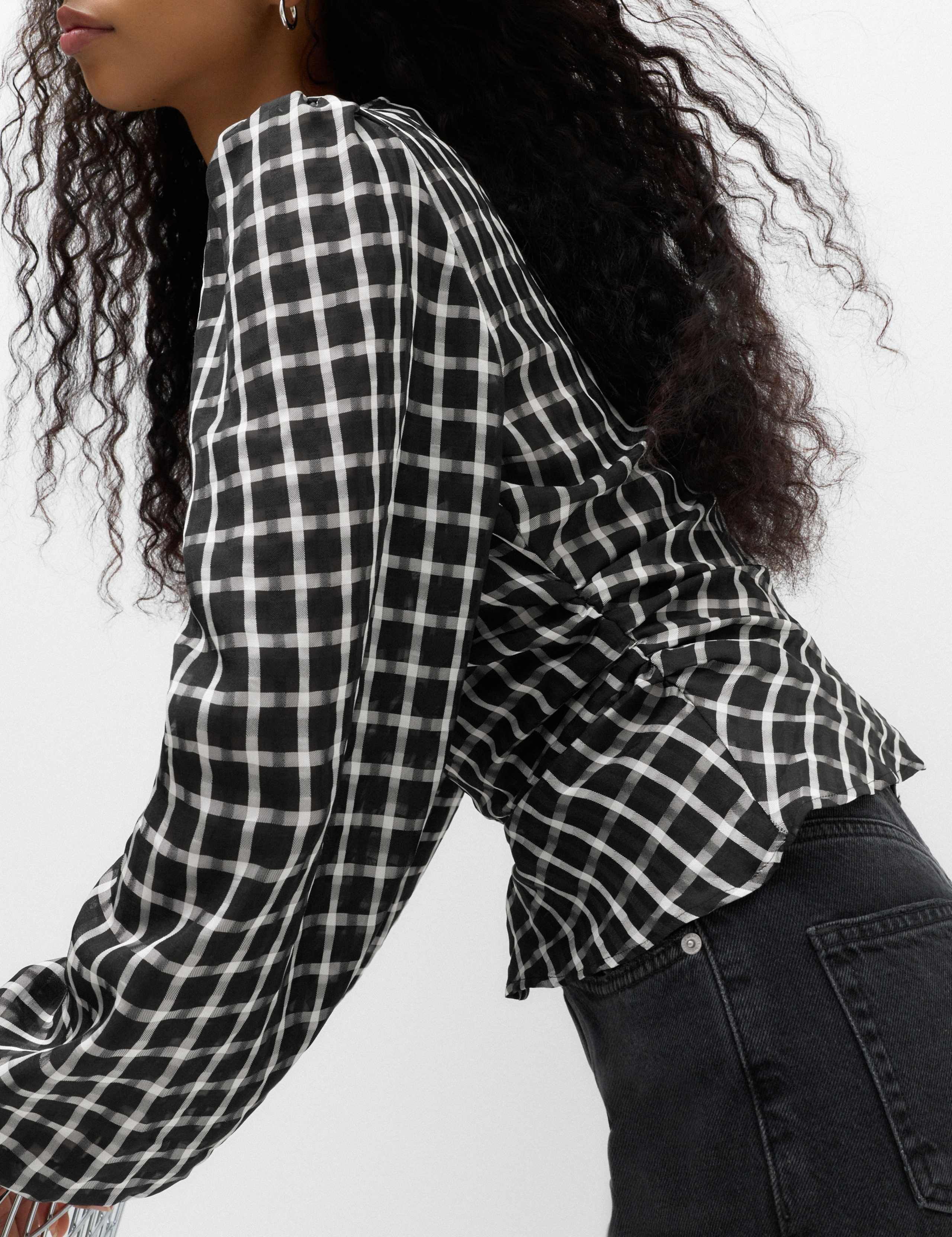 Checked Gathered Waisted Blouson Sleeve Blouse 4 of 6