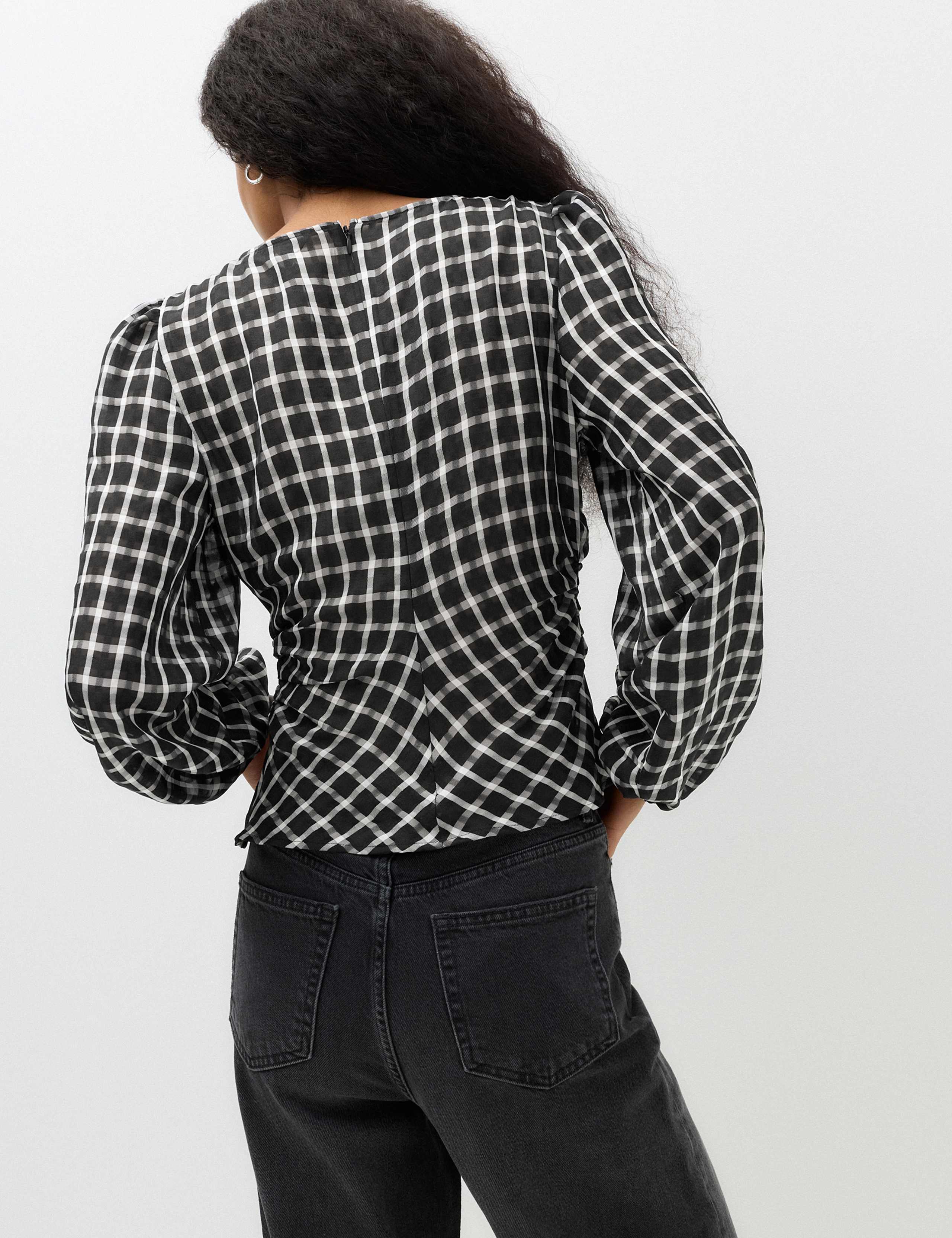 Checked Gathered Waisted Blouson Sleeve Blouse 5 of 6