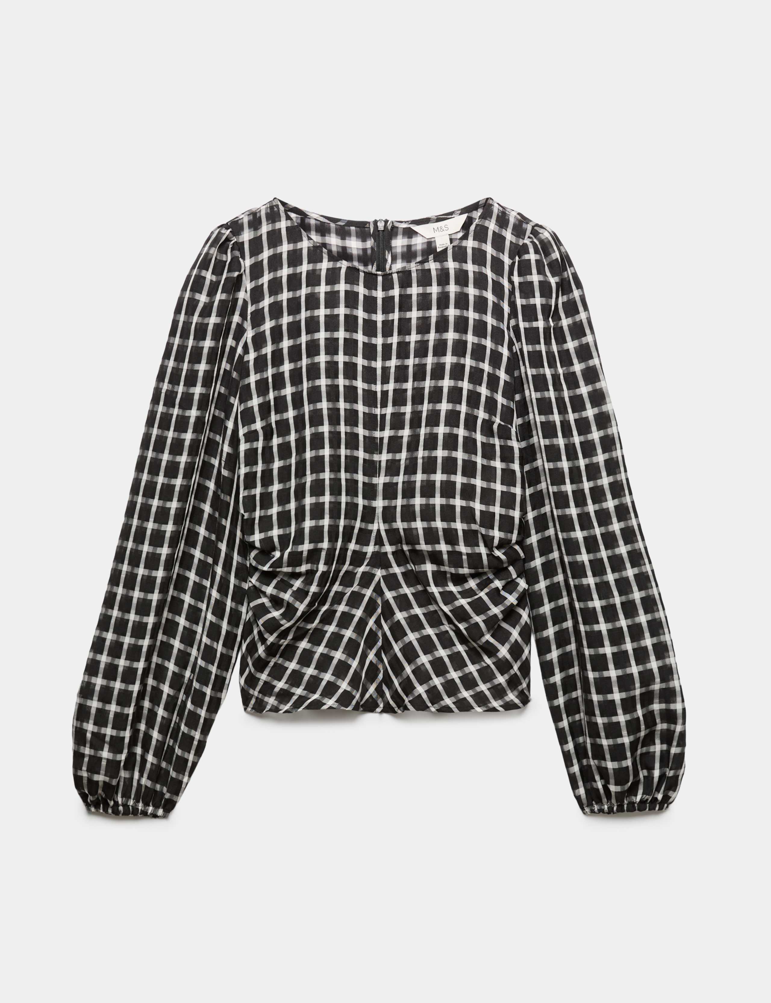 Checked Gathered Waisted Blouson Sleeve Blouse 2 of 6