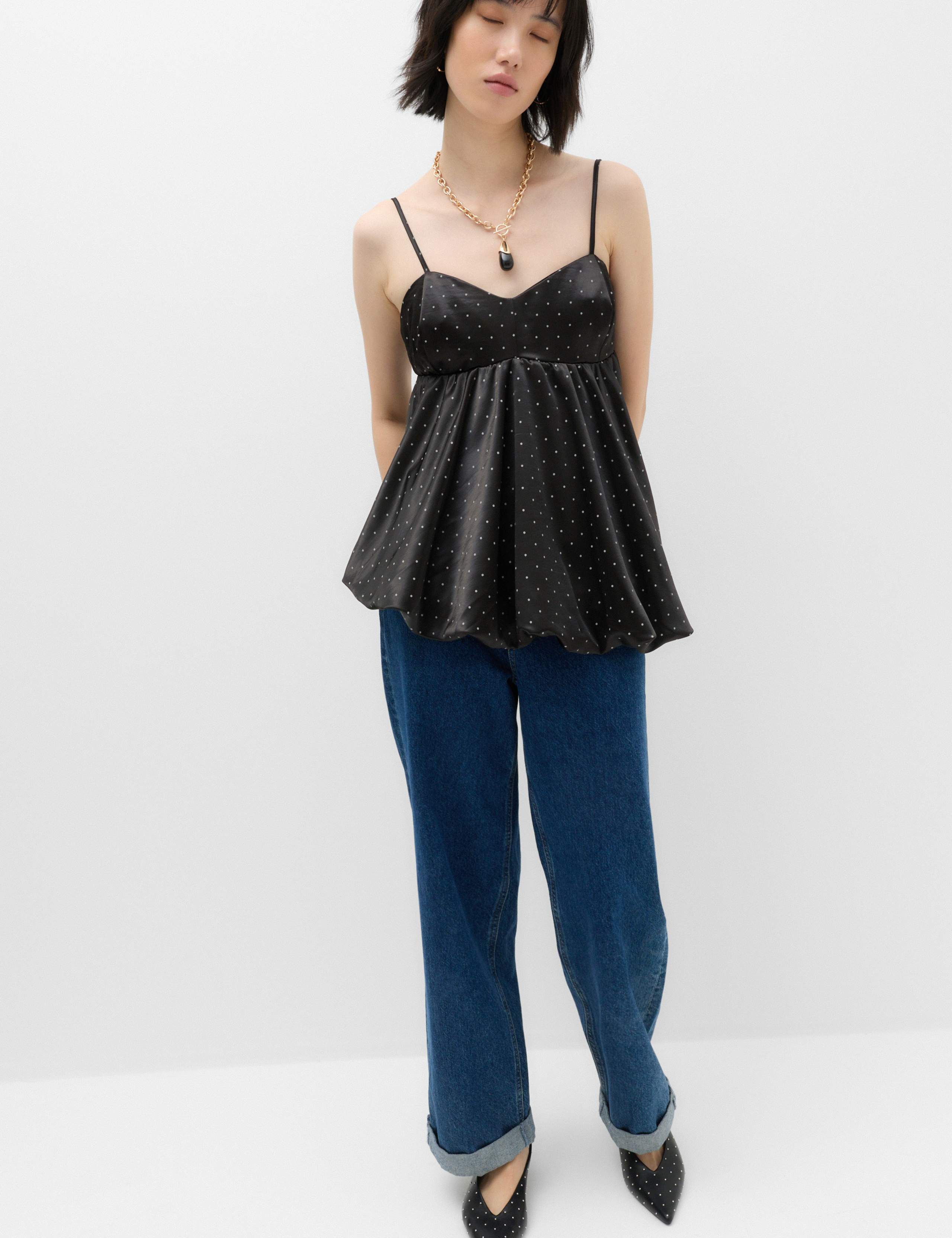 Satin Polka Dot Asymmetric Bubble Hem Cami Top 5 of 6