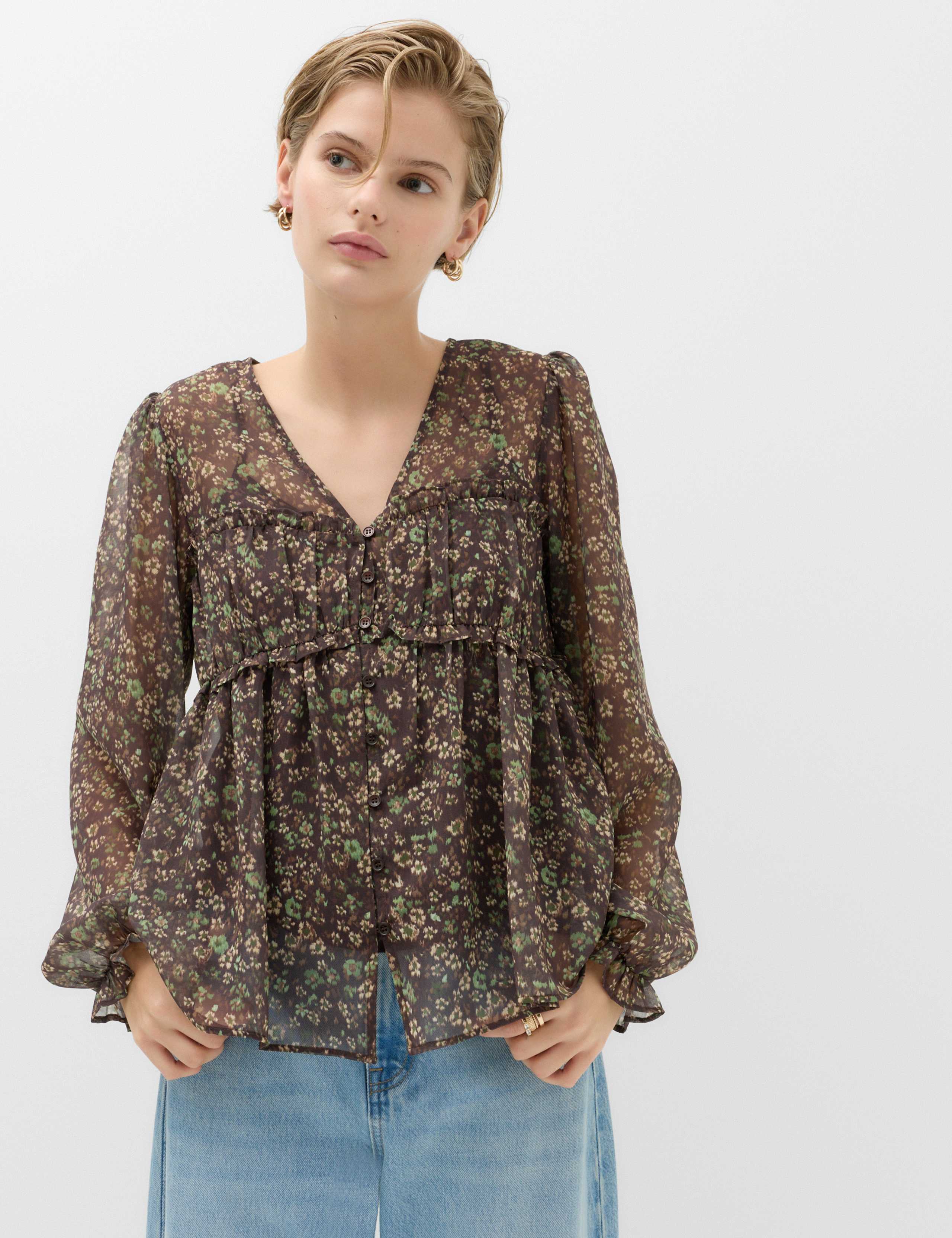 Floral Ruffle V-Neck Blouse 1 of 5