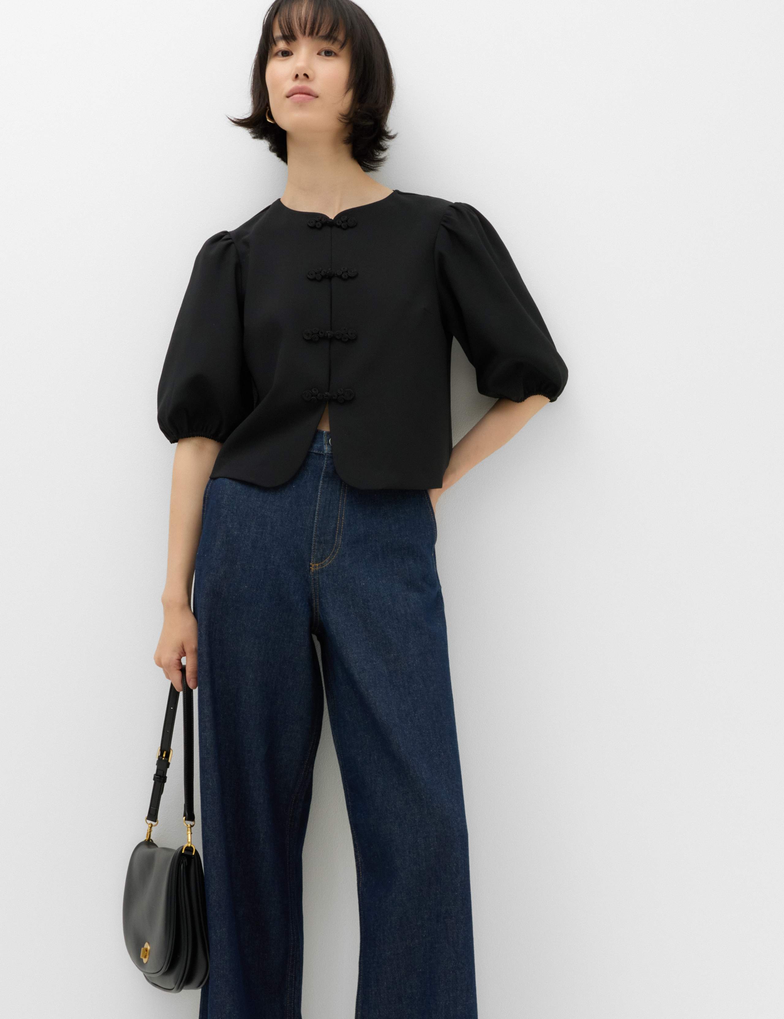Knot Button Detail Puff Sleeve Top 1 of 6