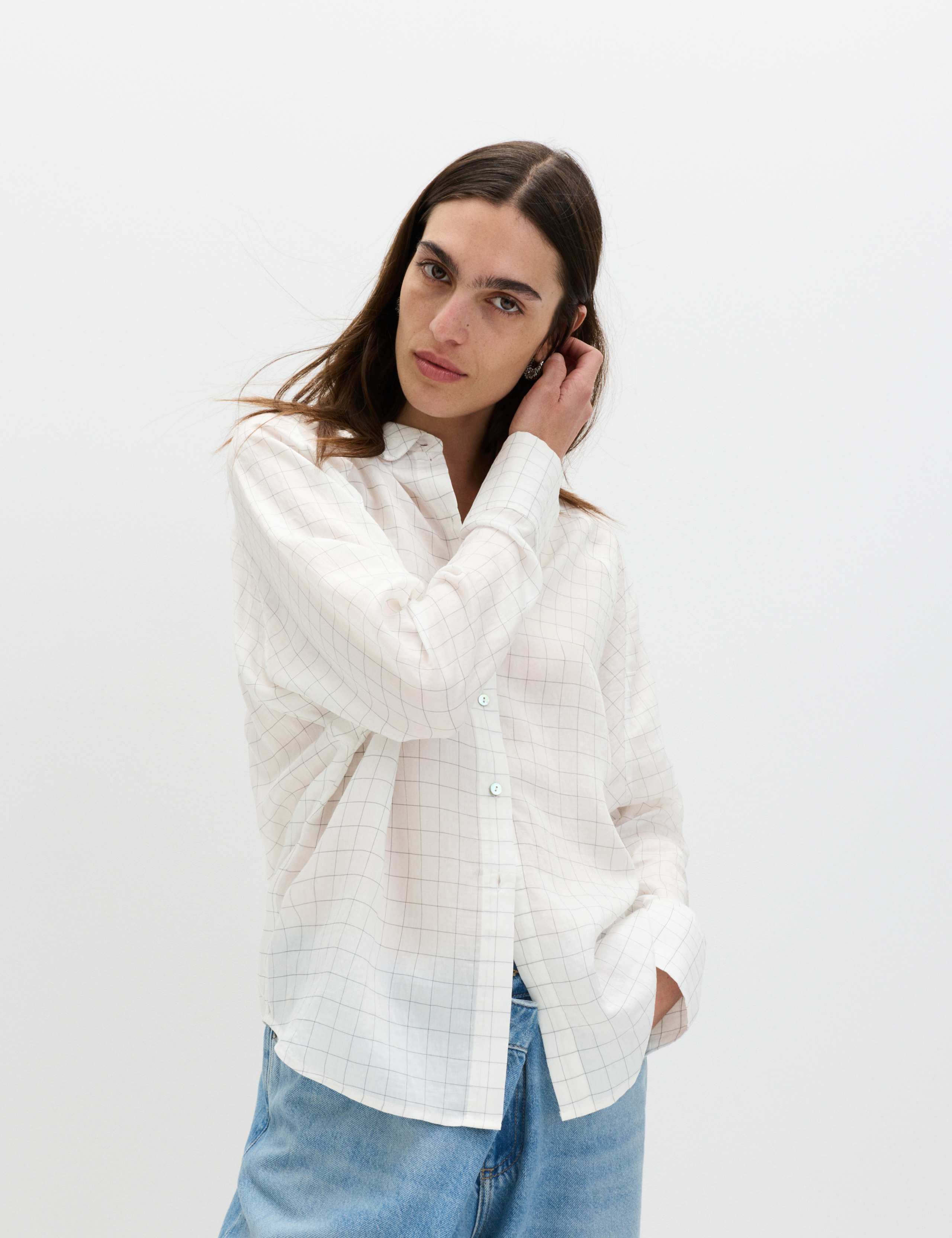 Lyocell Rich Checked Collared Oversized Shirt 1 of 6