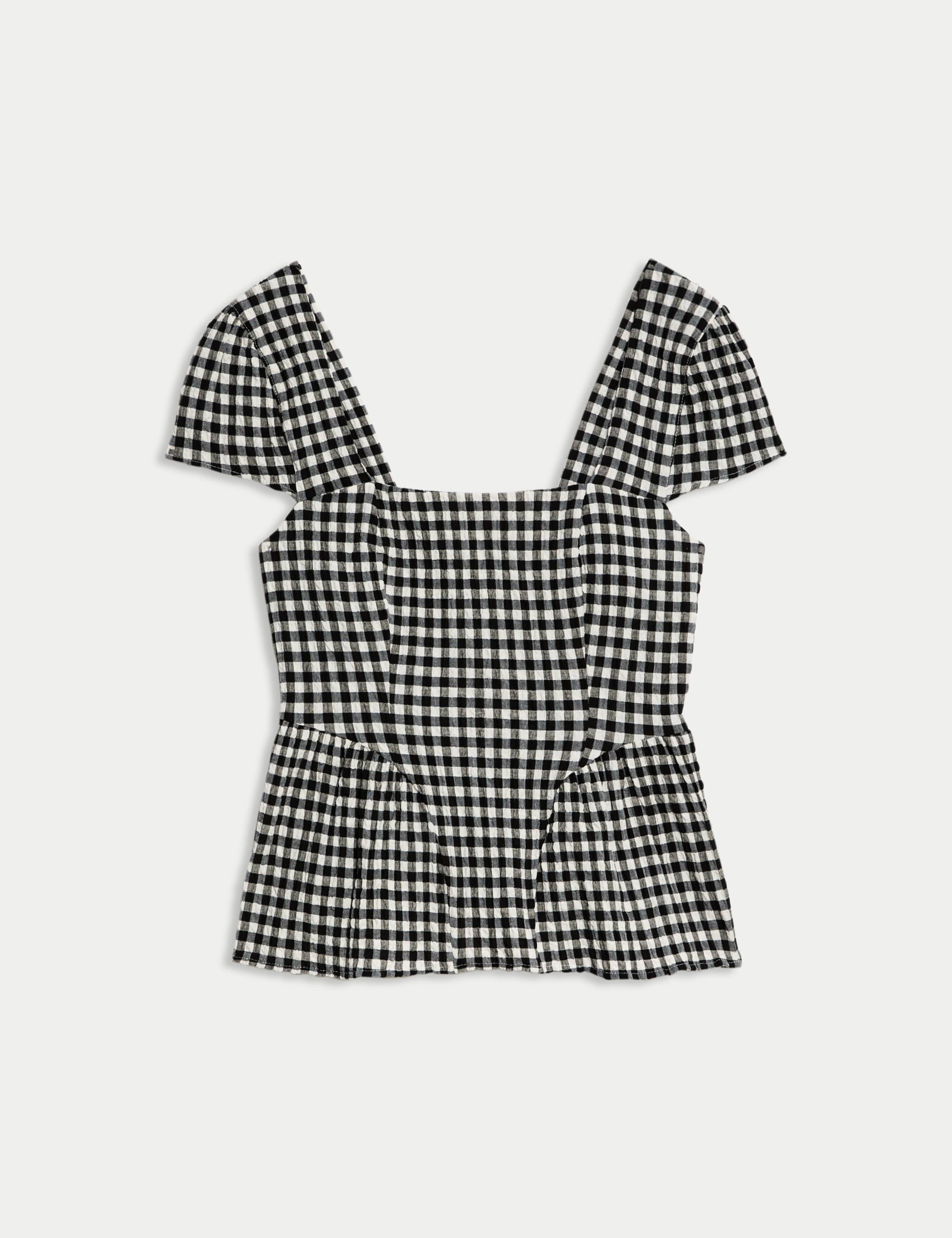 Cotton Rich Checked Cap Sleeve Peplum Top 2 of 5