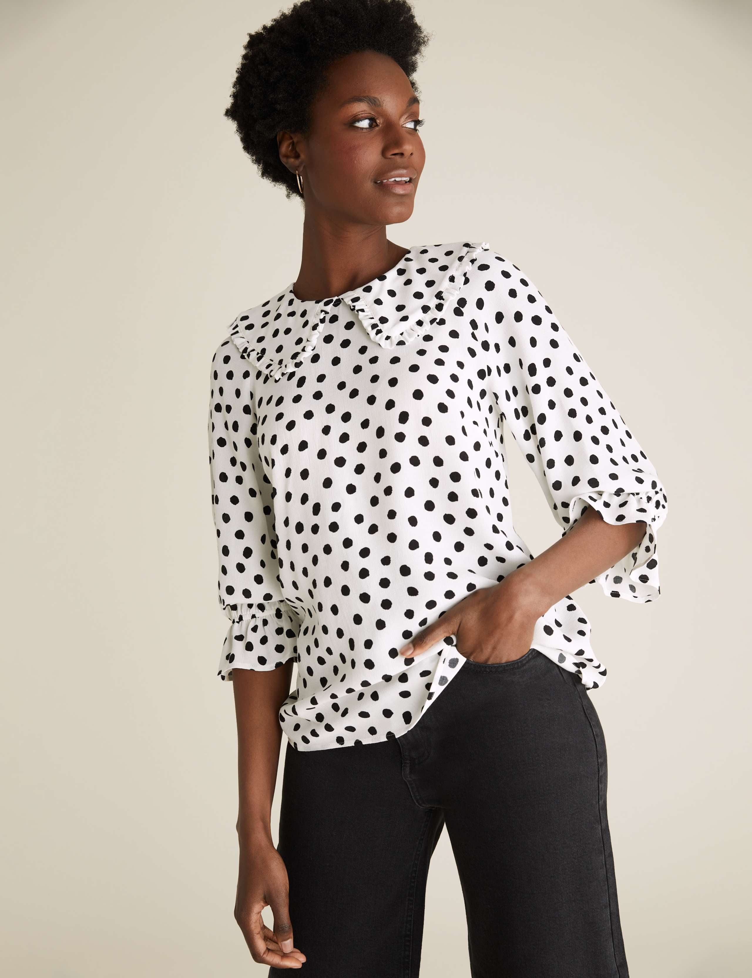 Spot Print Peter Pan Collar Ruffle Blouse 1 of 6