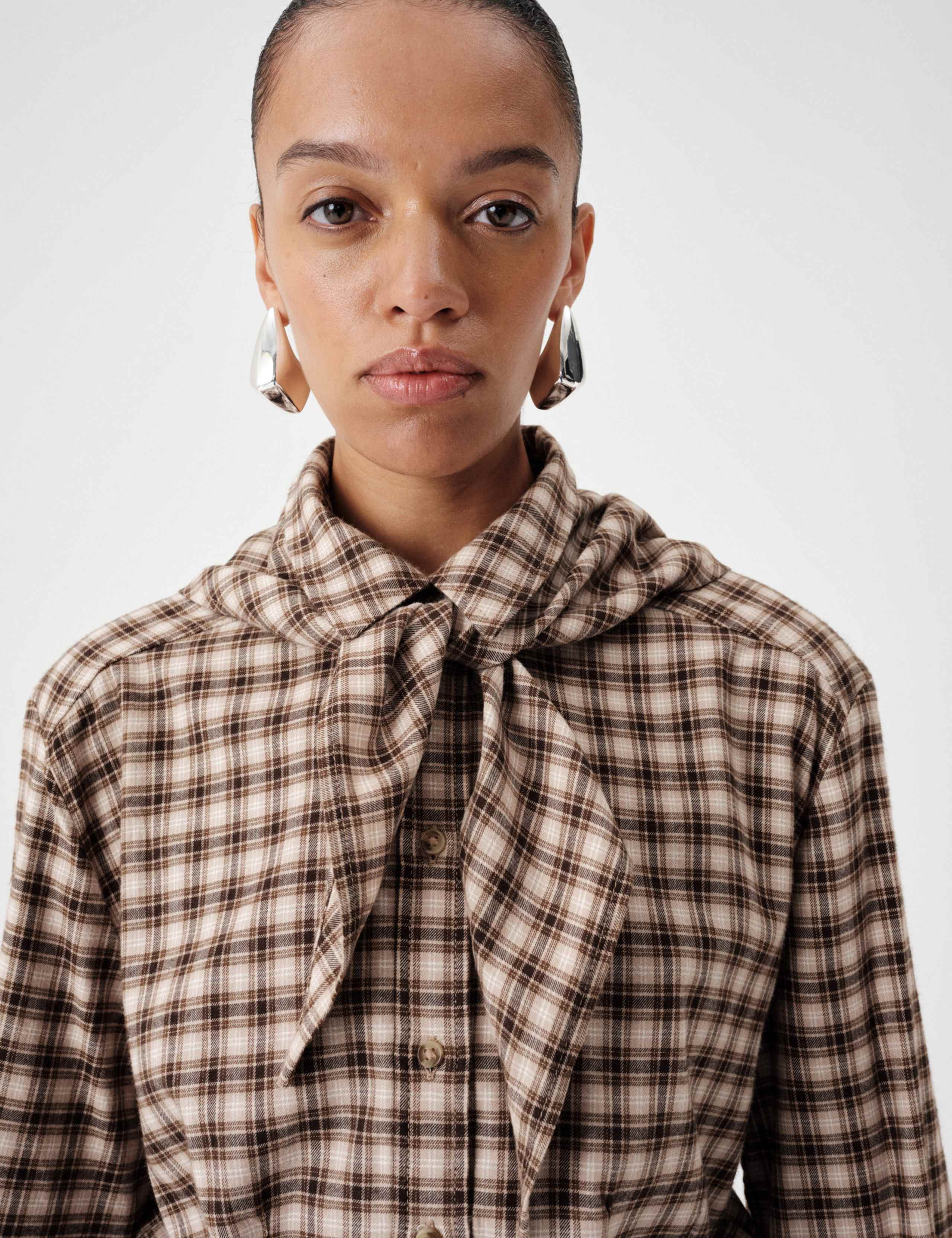 Cotton Blend Check Tie Neck Fitted Shirt 4 of 6