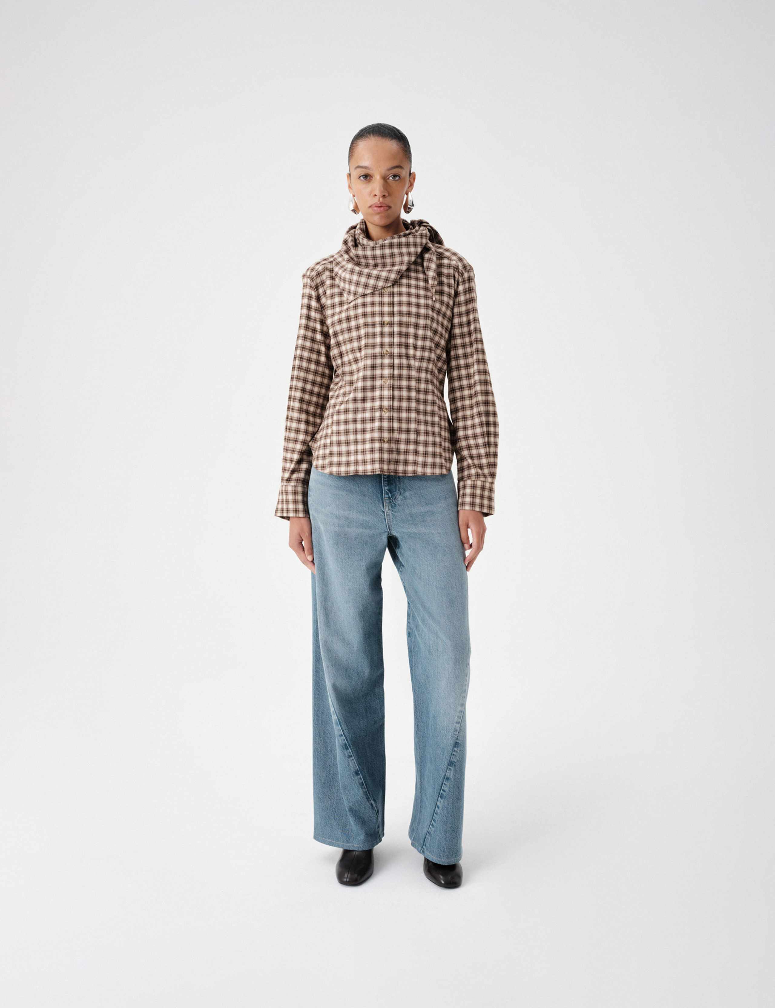 Cotton Blend Check Tie Neck Fitted Shirt 5 of 6