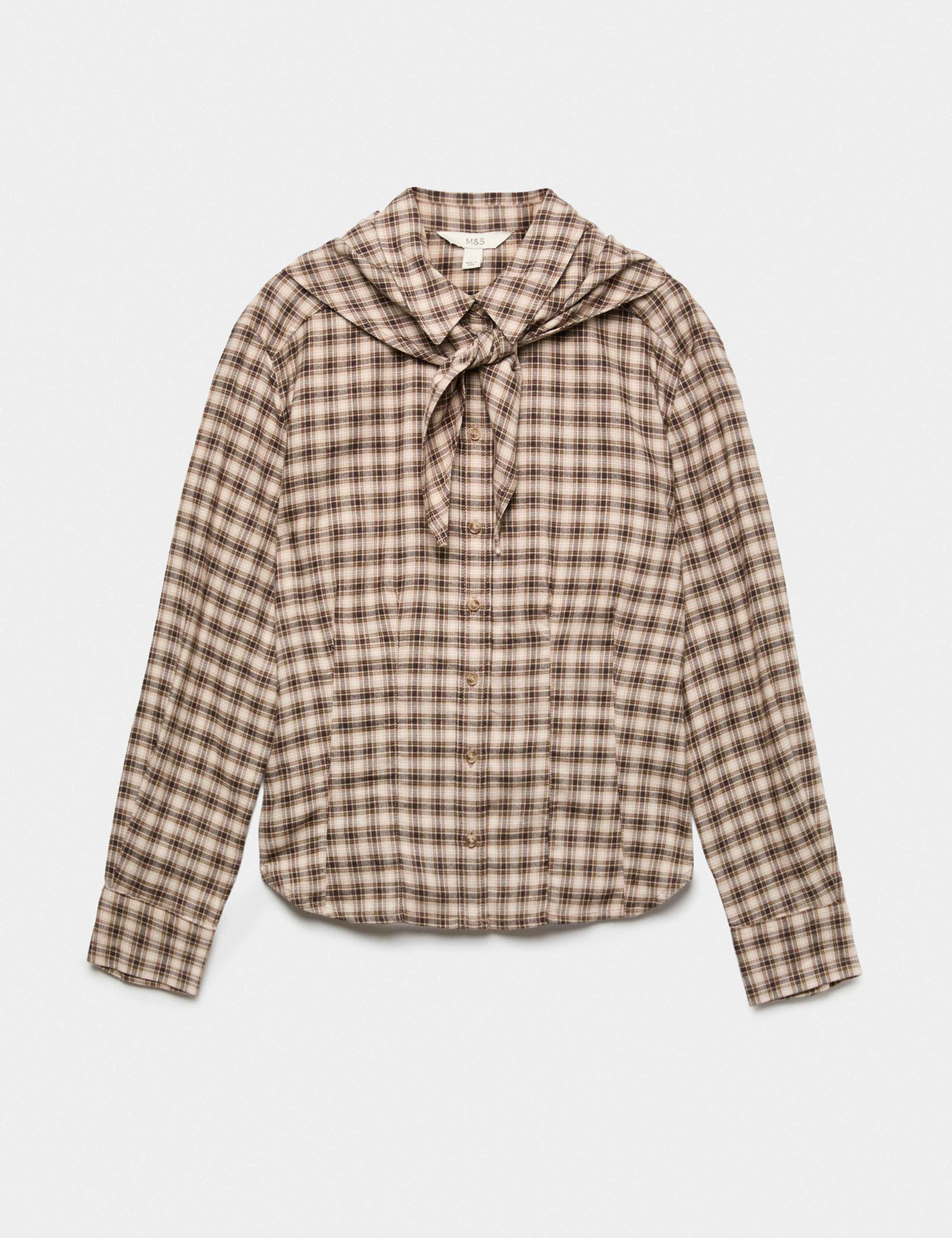 Cotton Blend Check Tie Neck Fitted Shirt 2 of 6
