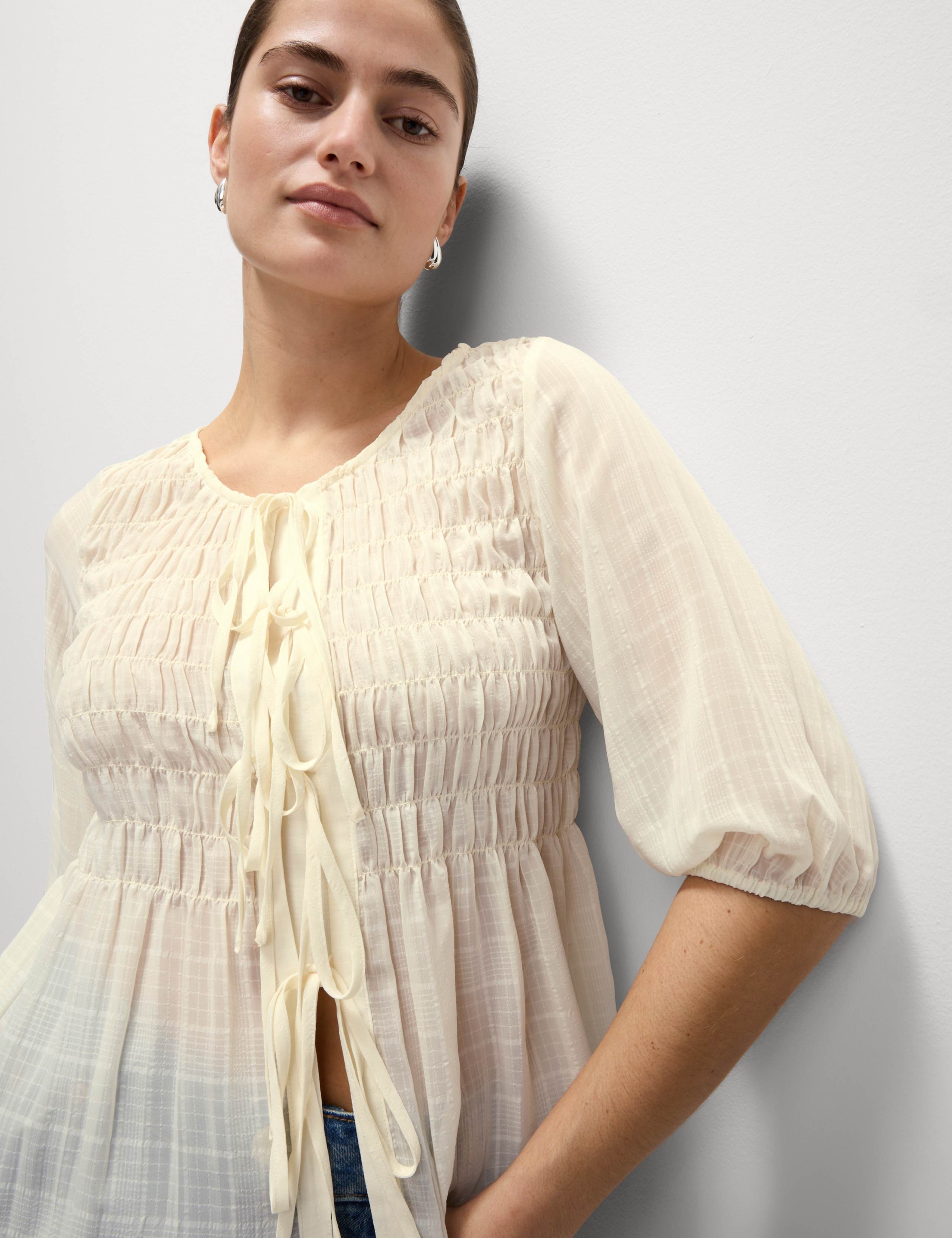 Round Neck Tie Front Shirred Blouse 1 of 4