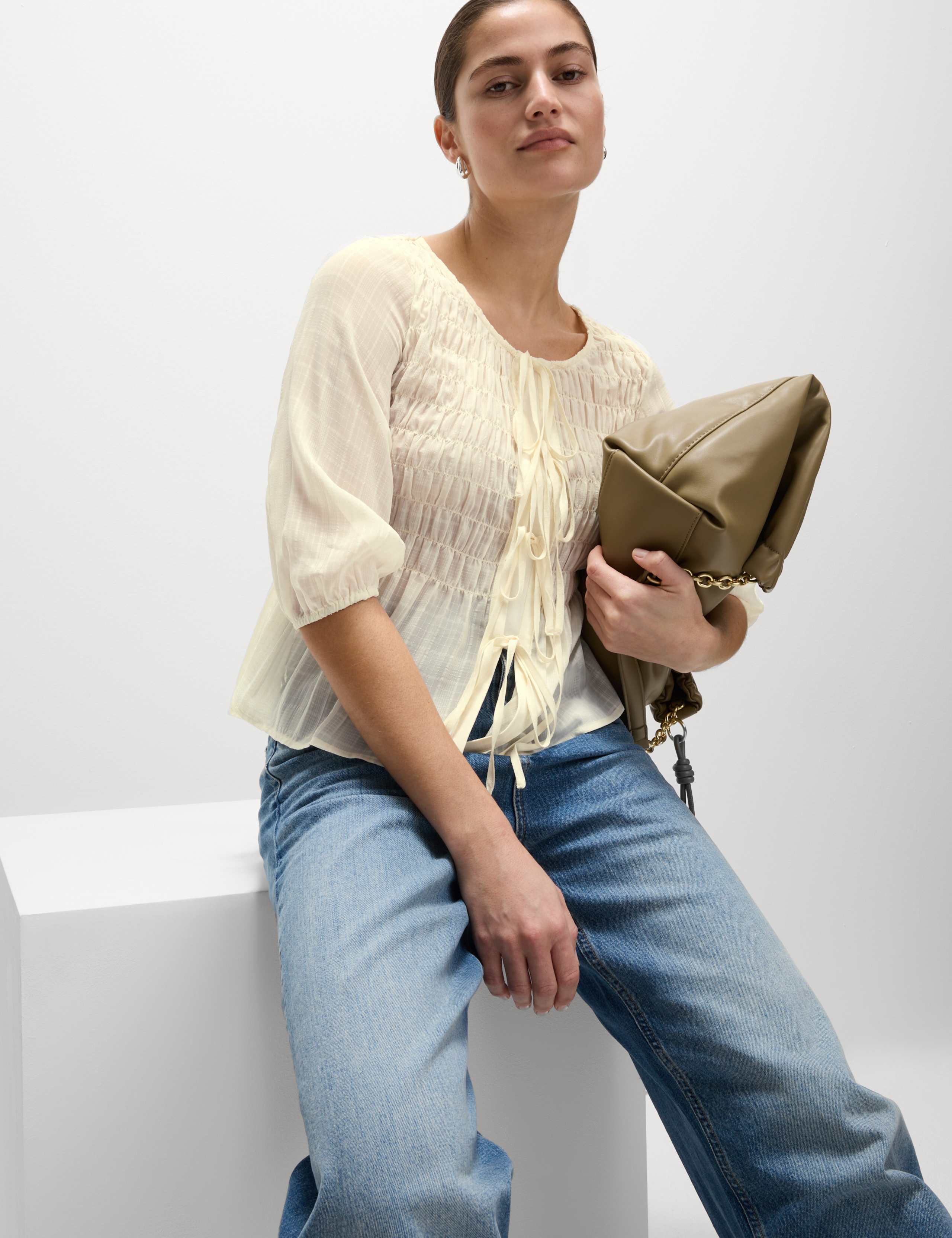 Round Neck Tie Front Shirred Blouse 3 of 4