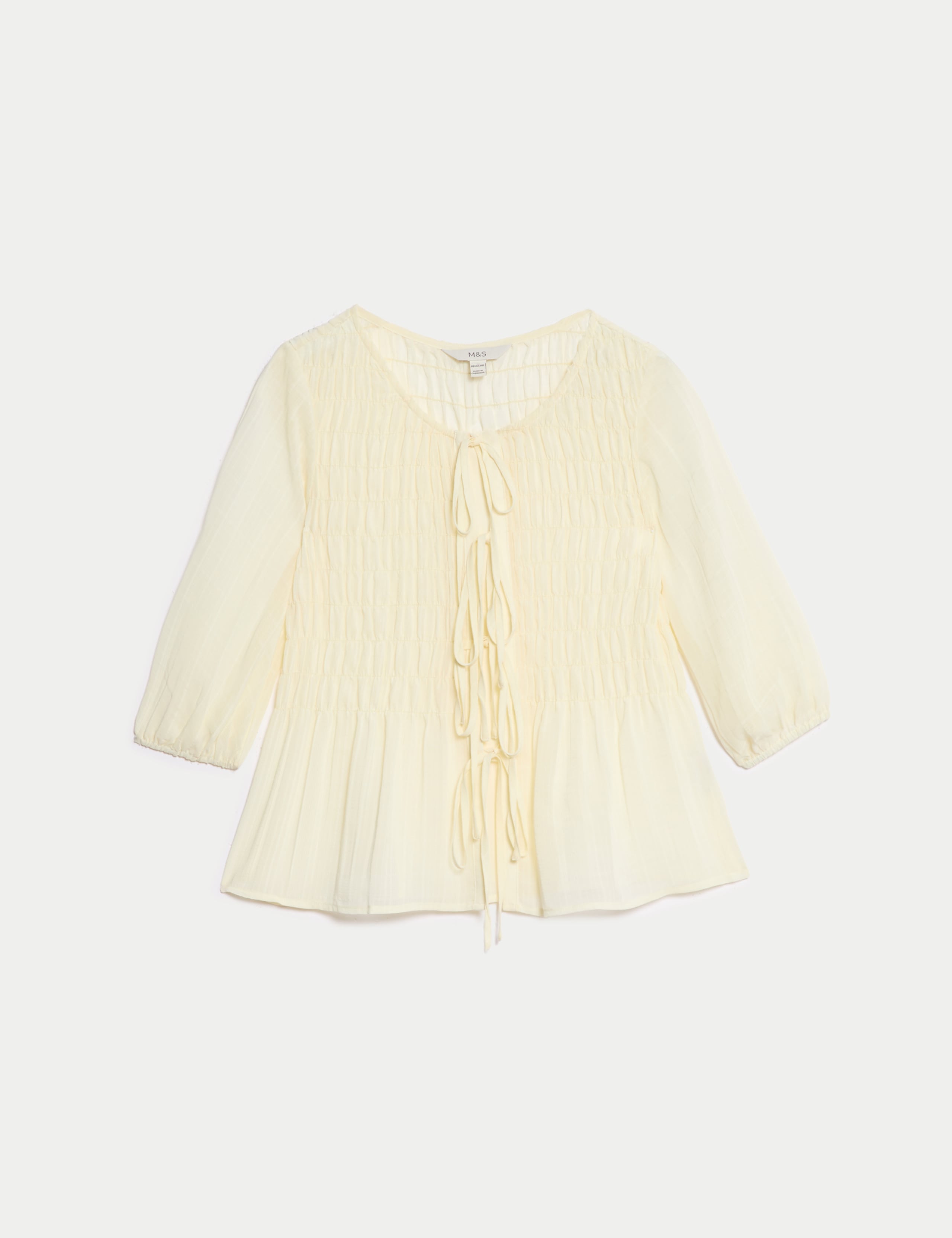 Round Neck Tie Front Shirred Blouse 2 of 4