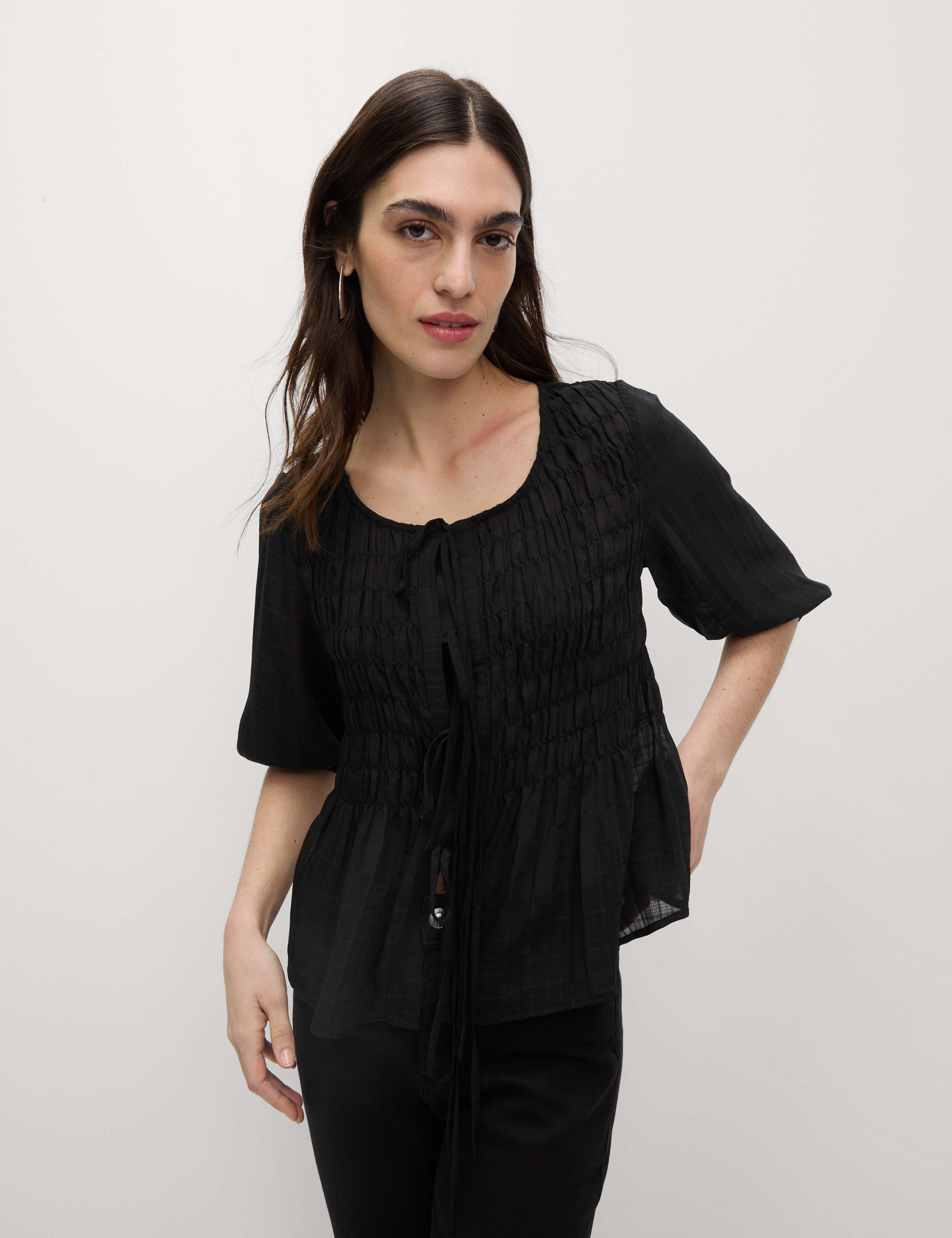 Round Neck Tie Front Shirred Blouse 3 of 6