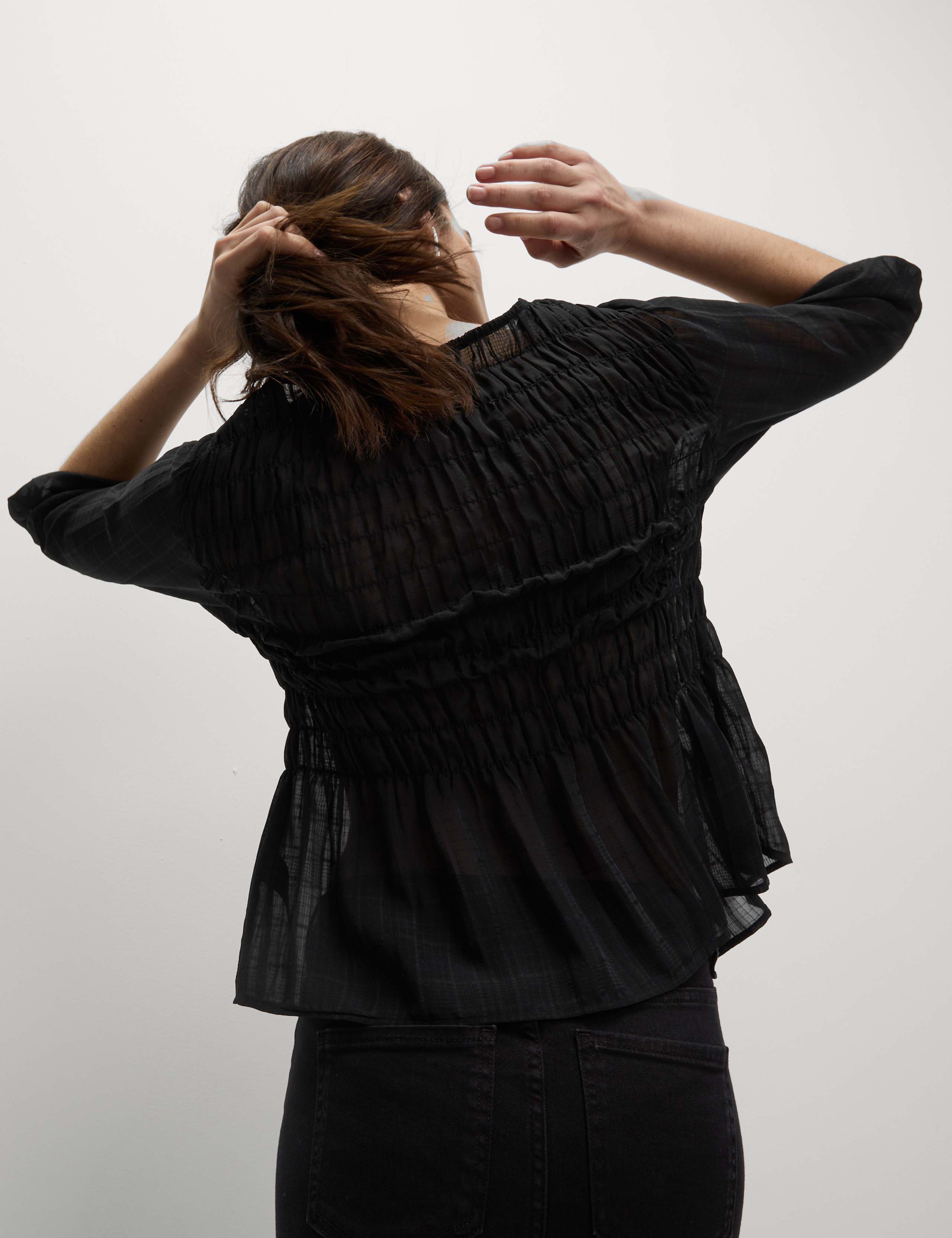 Round Neck Tie Front Shirred Blouse 6 of 6