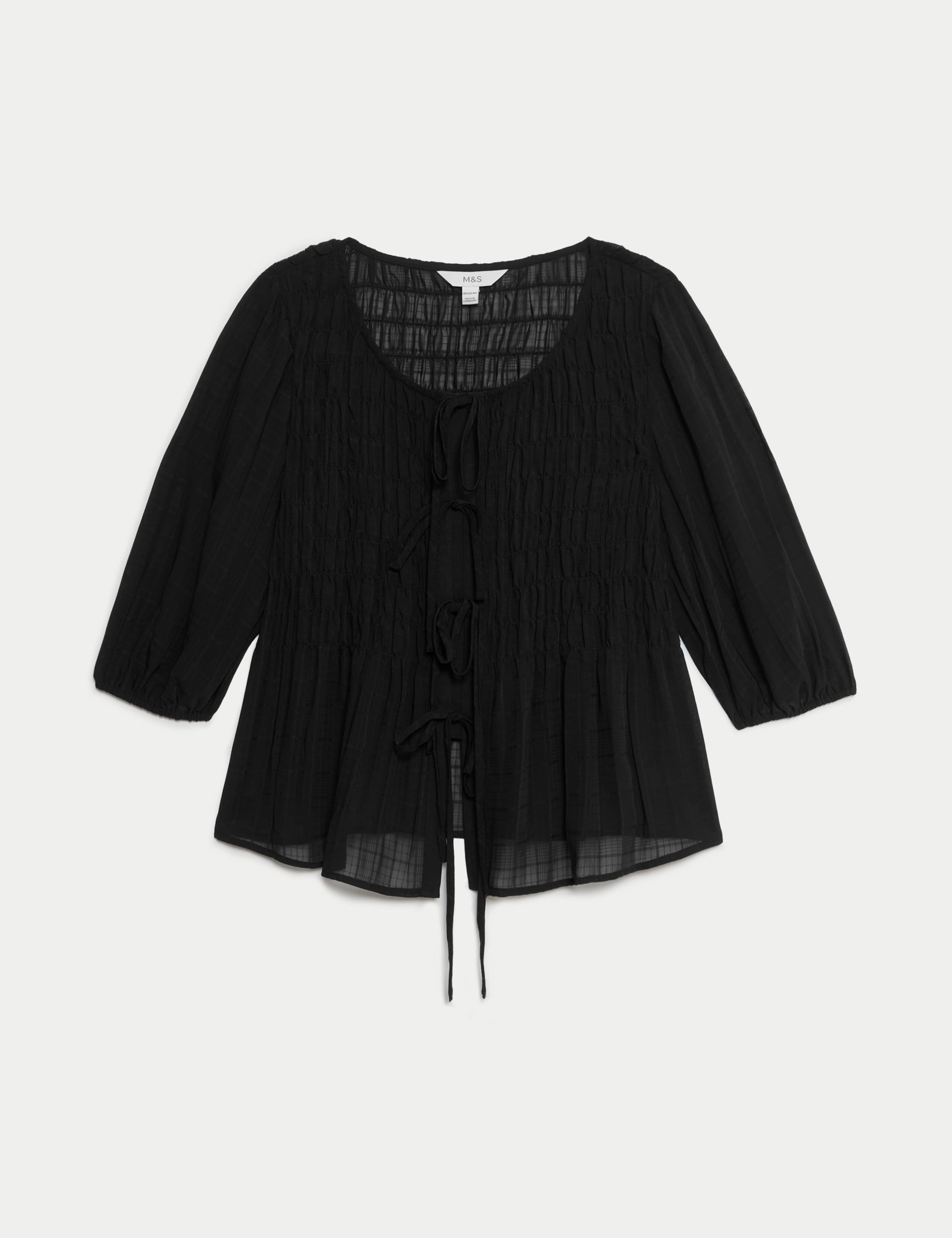 Round Neck Tie Front Shirred Blouse 2 of 6