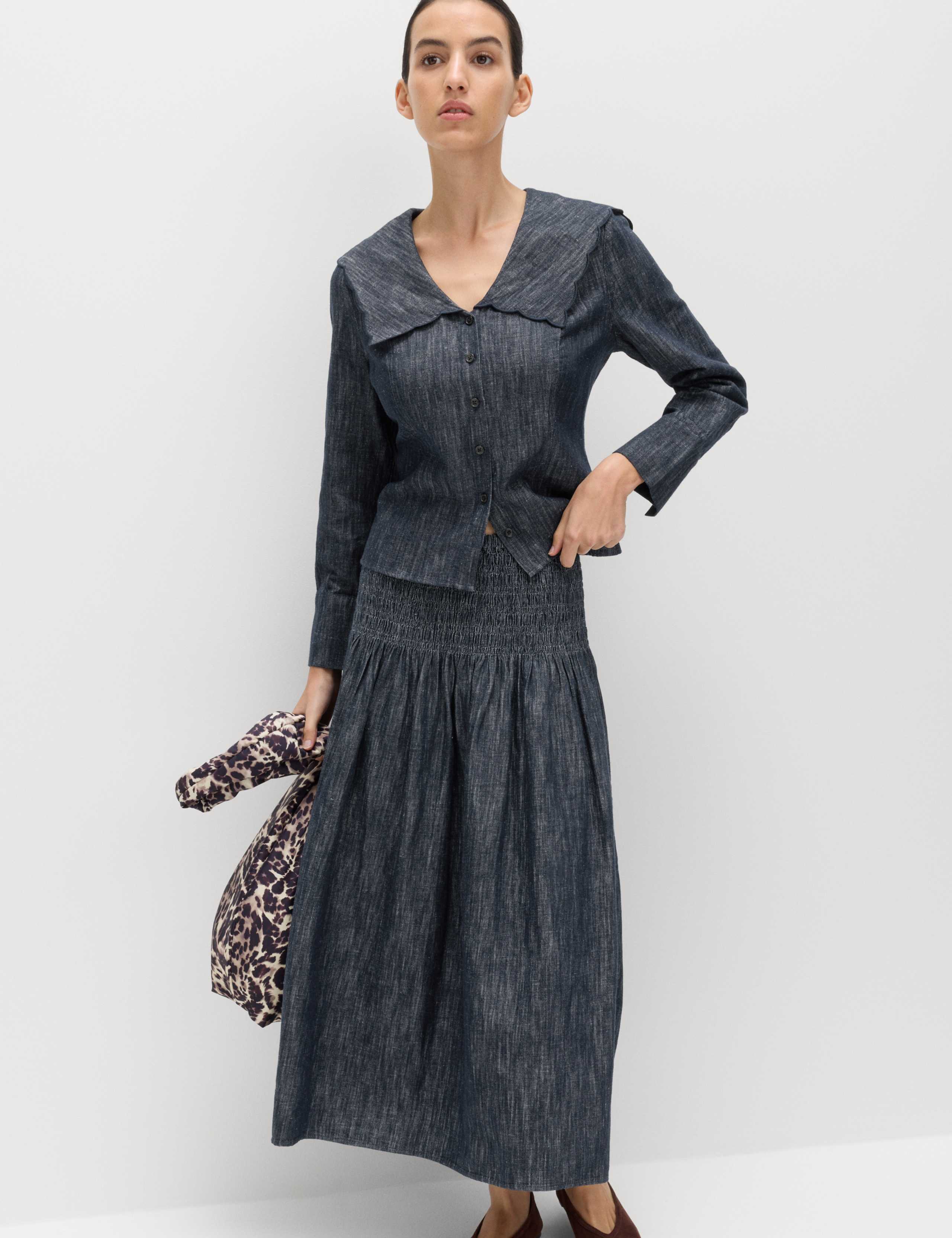 Linen Blend Denim Scallop Collar Shirt 1 of 5