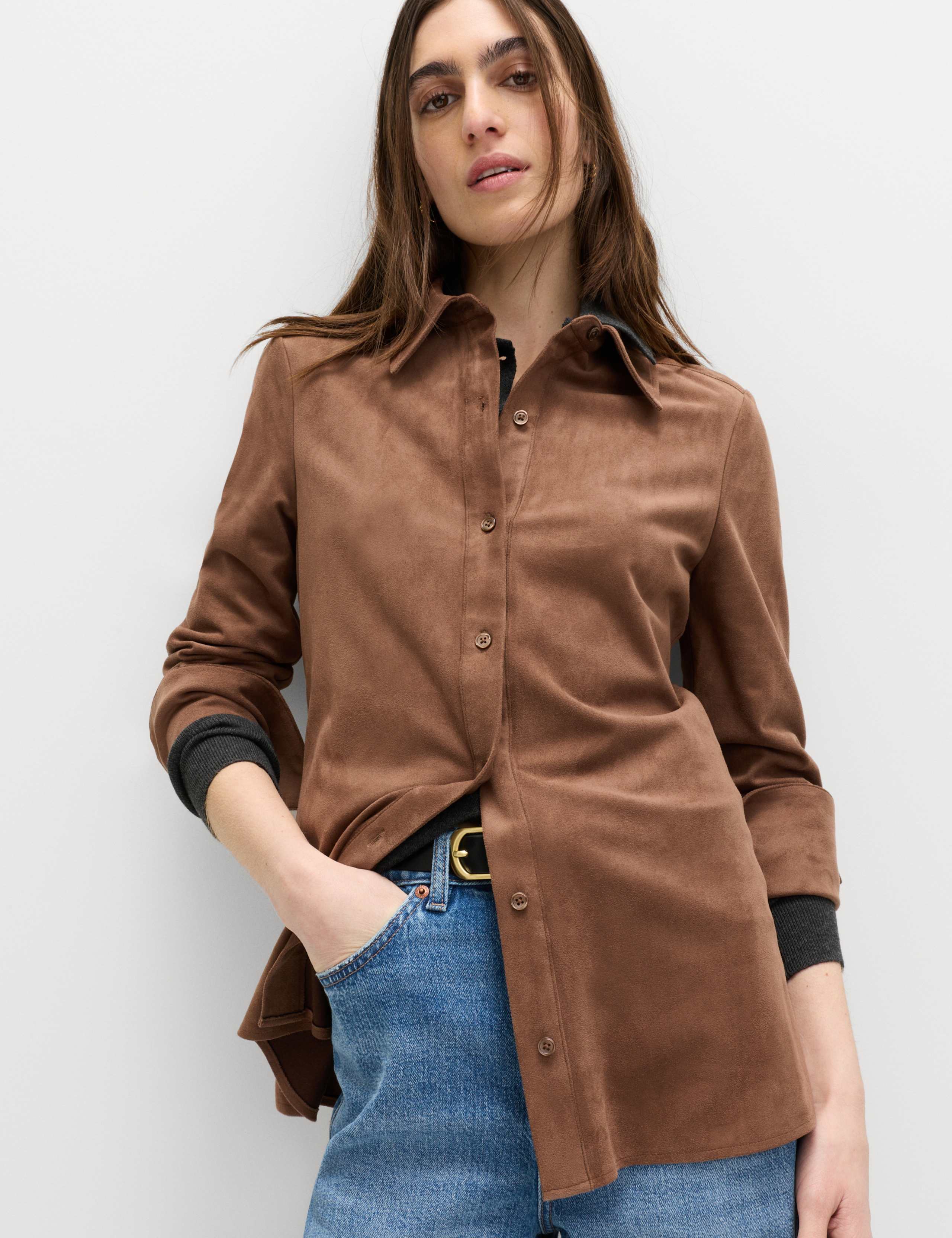 Faux Suede Collared Fitted Shirt 3 of 7