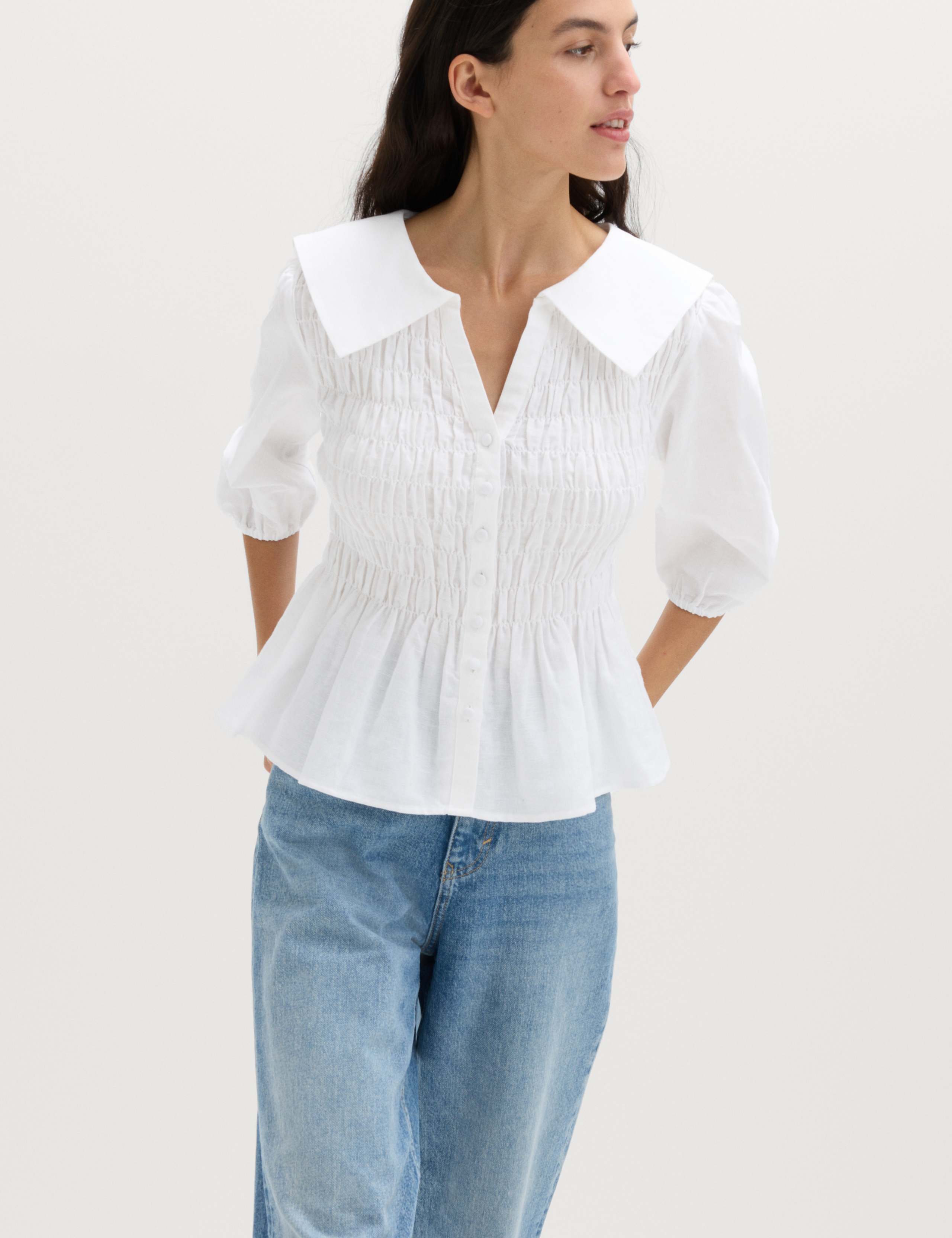Linen Rich Collared Shirred Shirt 1 of 6