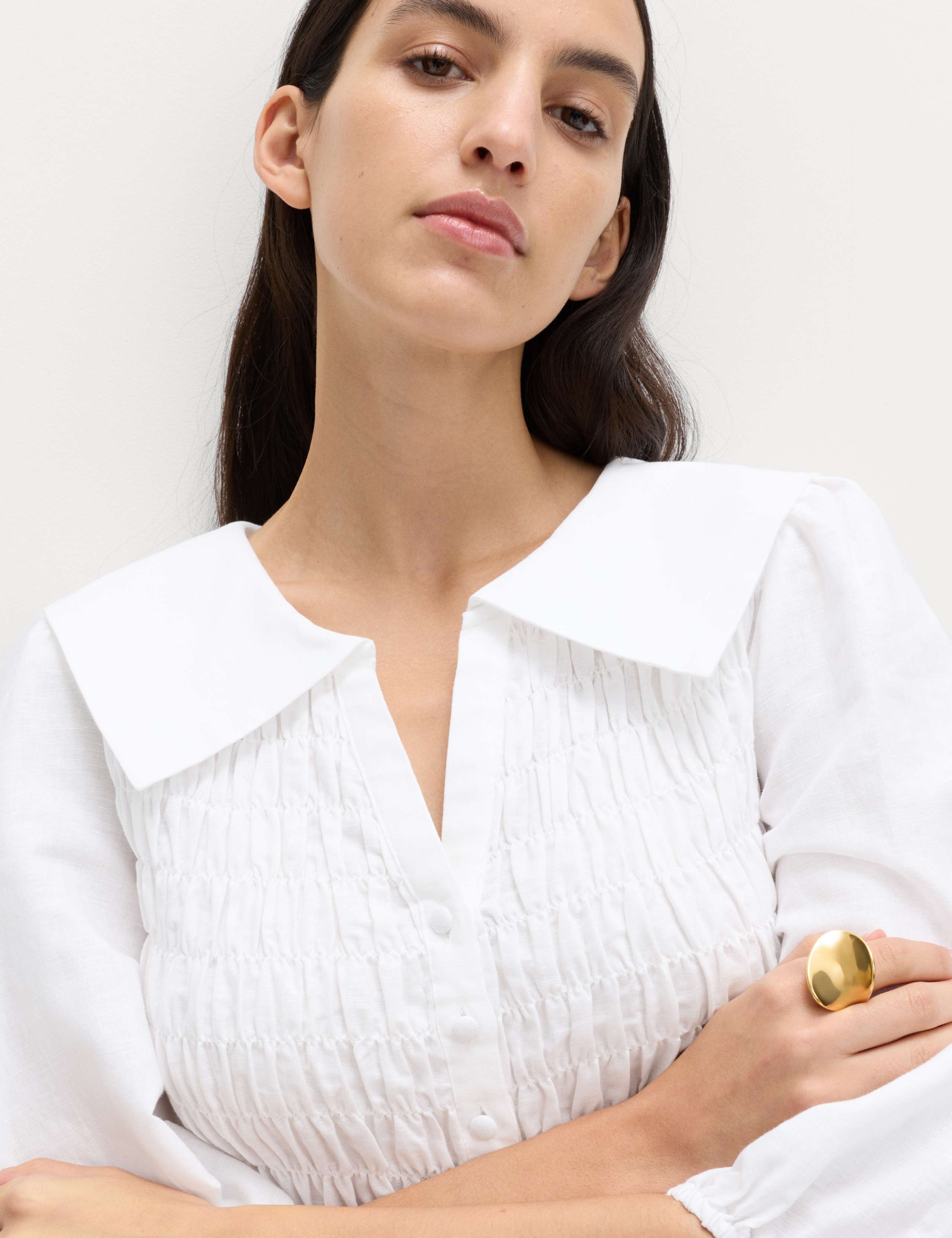 Linen Rich Collared Shirred Shirt 3 of 6