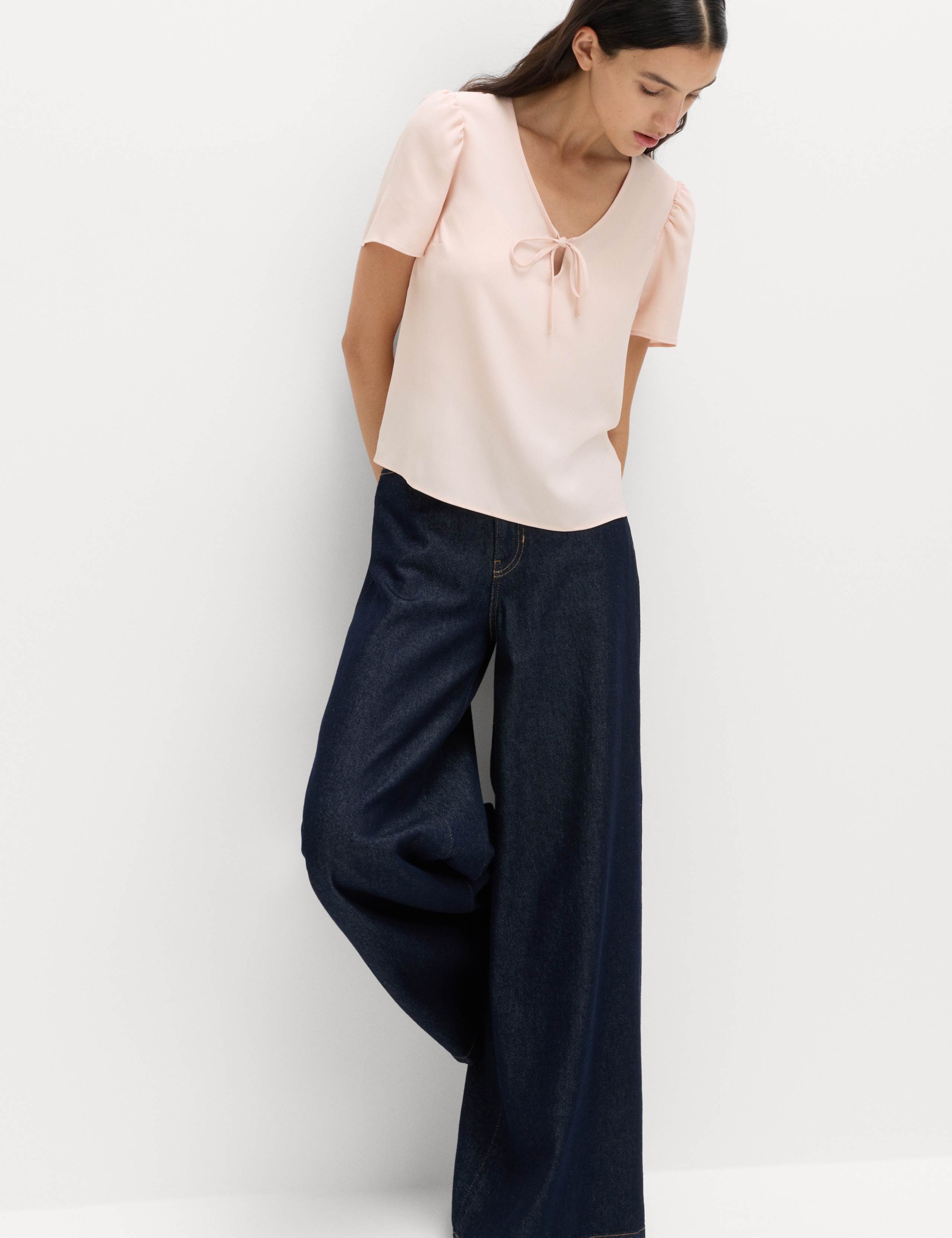 V-Neck Tie Detail Fitted Angel Sleeve Top 1 of 5