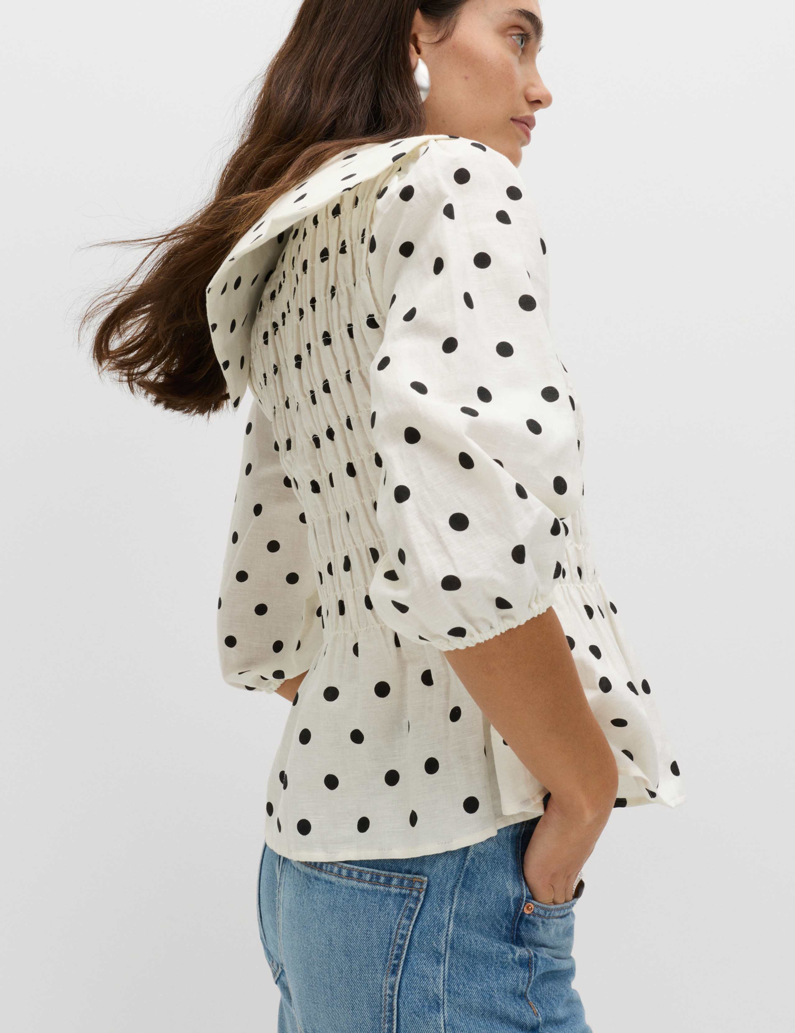 Linen Rich Polka Dot Shirred Blouse 3 of 6